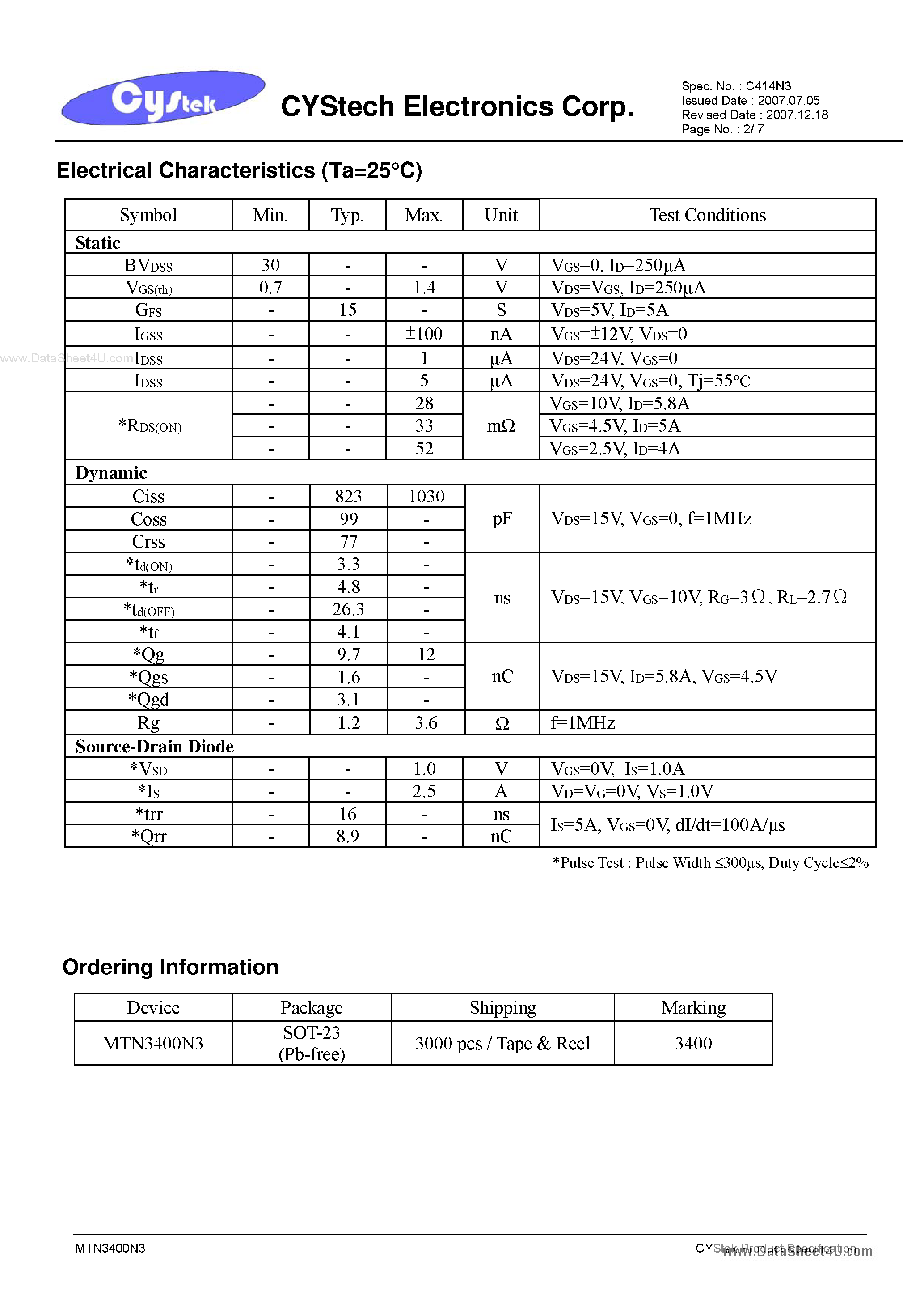 Datasheet MTN3400N3 page 2 Datasheet MTN3400N3 - 30V N-CHANNEL Enhancement Mode MOSFET page 2