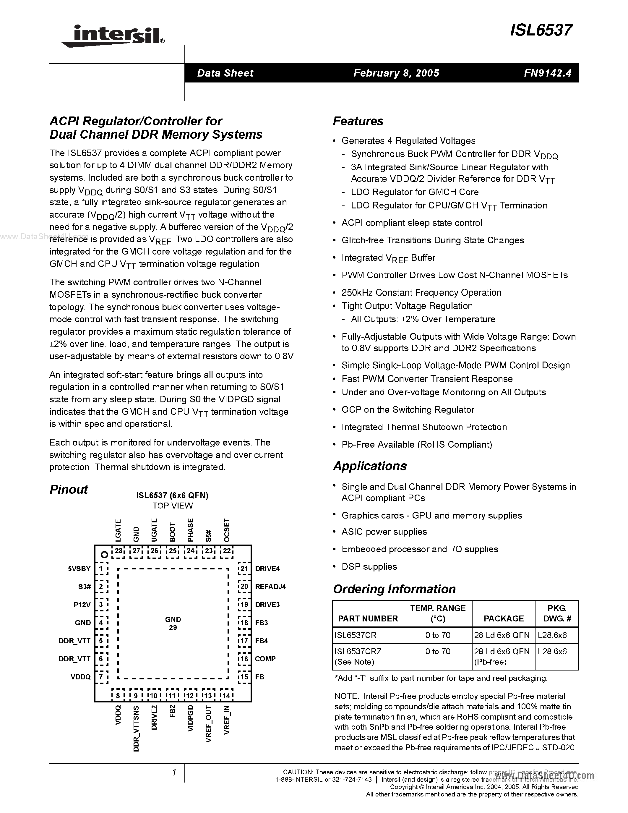 Datasheet ISL6537 page 1 Datasheet ISL6537 - ACPI Regulator/Controller page 1