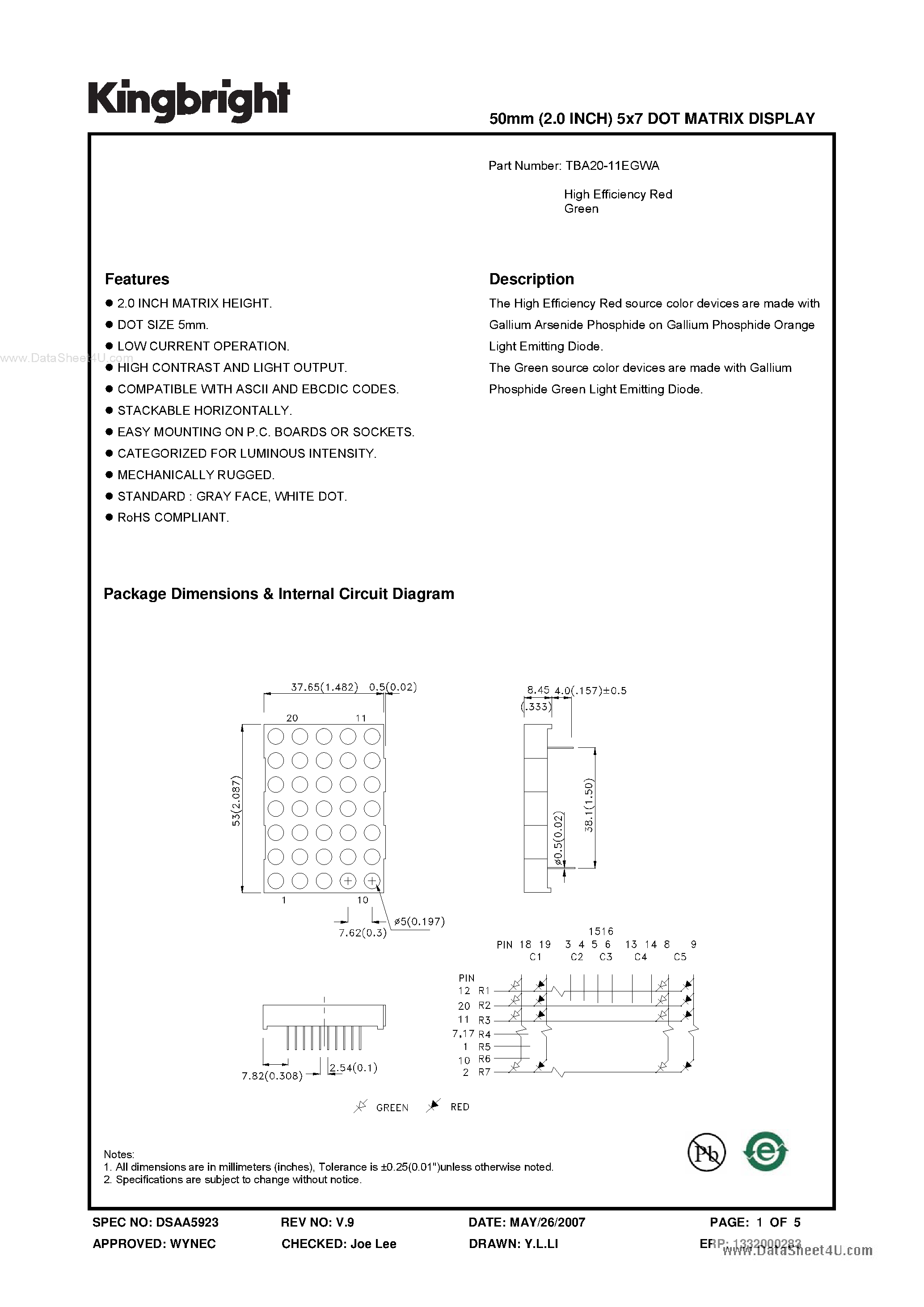 Datasheet TBA20-11EGWA - 50mm (2.0 INCH) 5x7 DOT MATRIX DISPLAY page 1