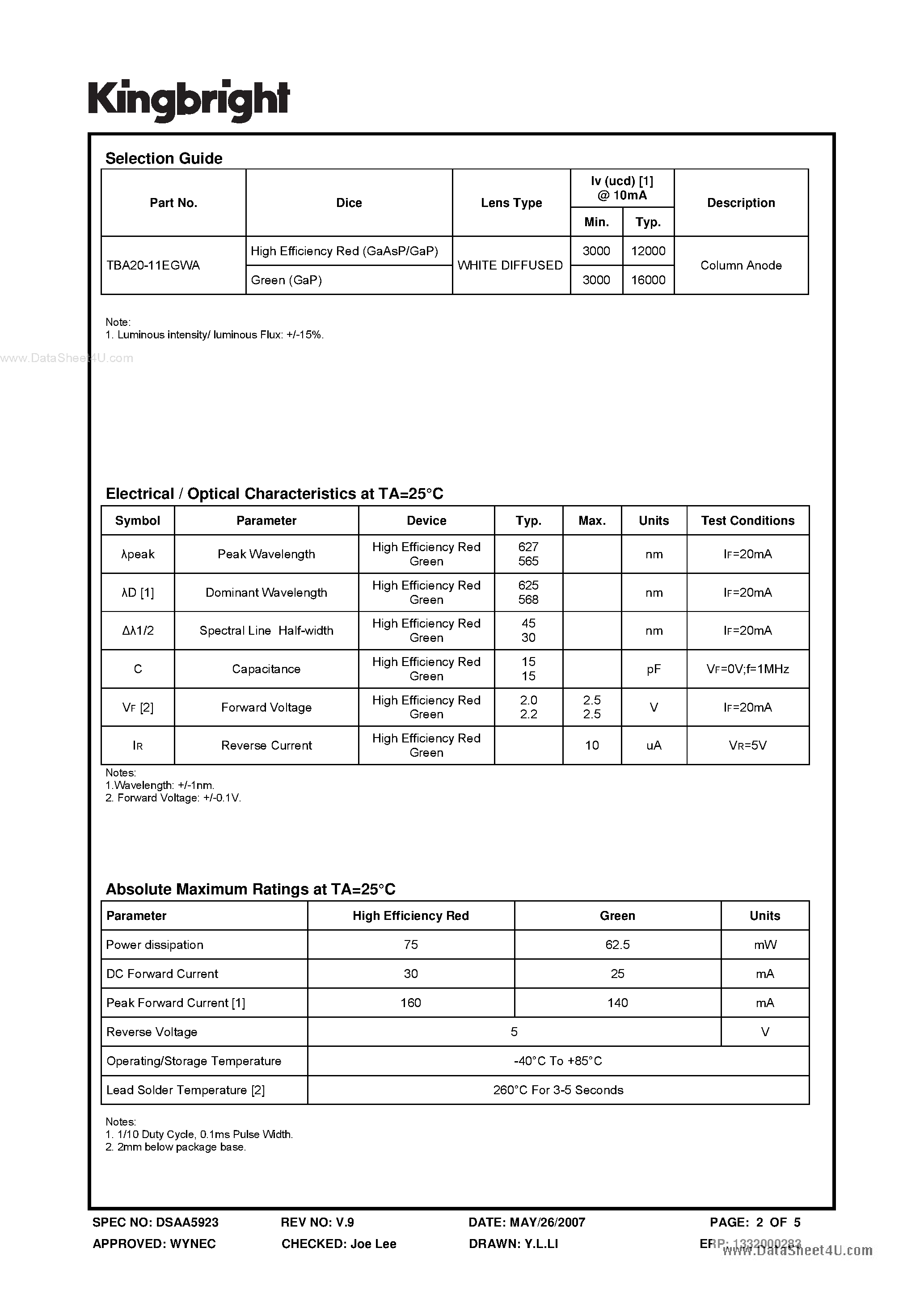 Datasheet TBA20-11EGWA - 50mm (2.0 INCH) 5x7 DOT MATRIX DISPLAY page 2