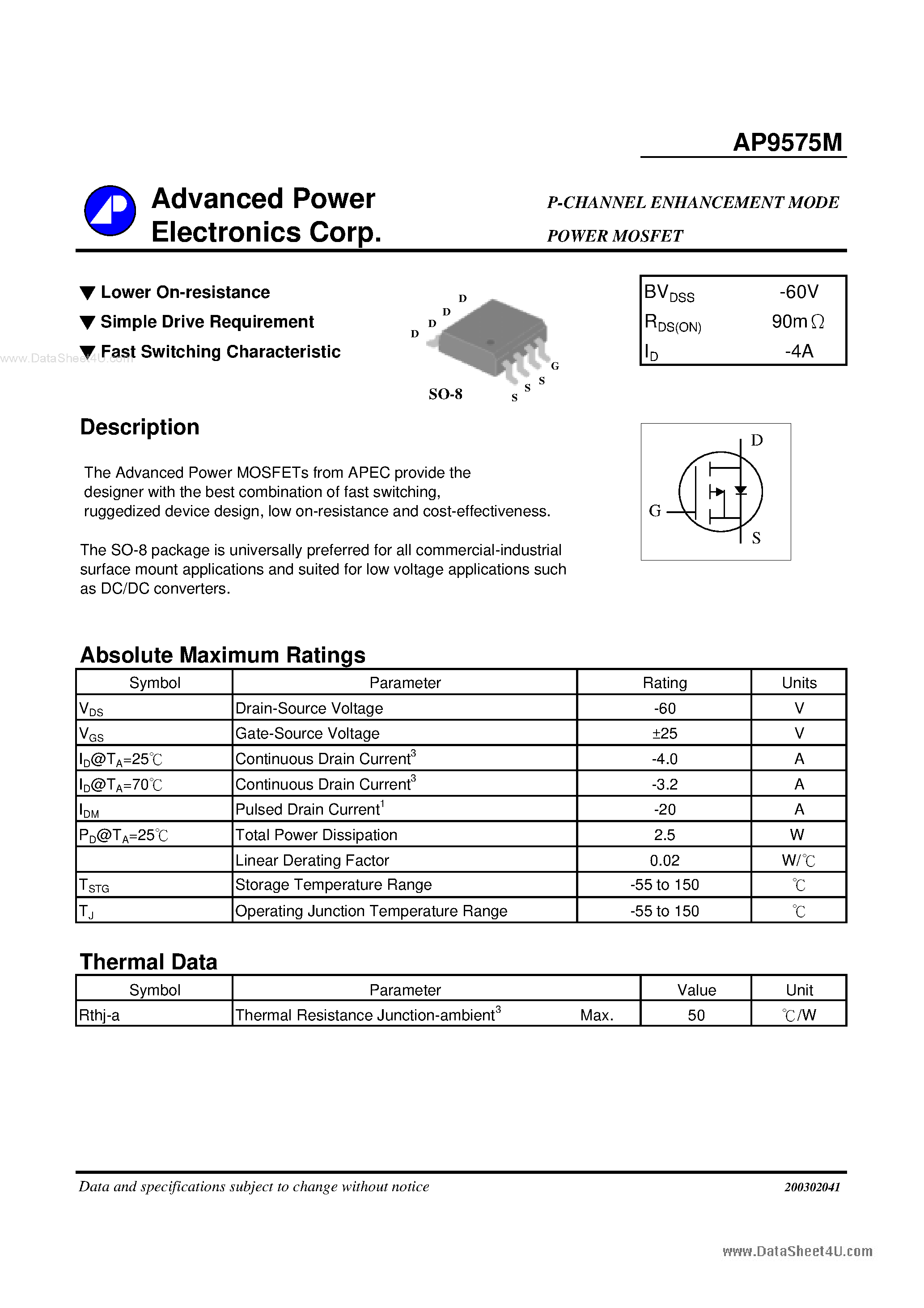 Даташит AP9575M - P-CHANNEL ENHANCEMENT MODE страница 1