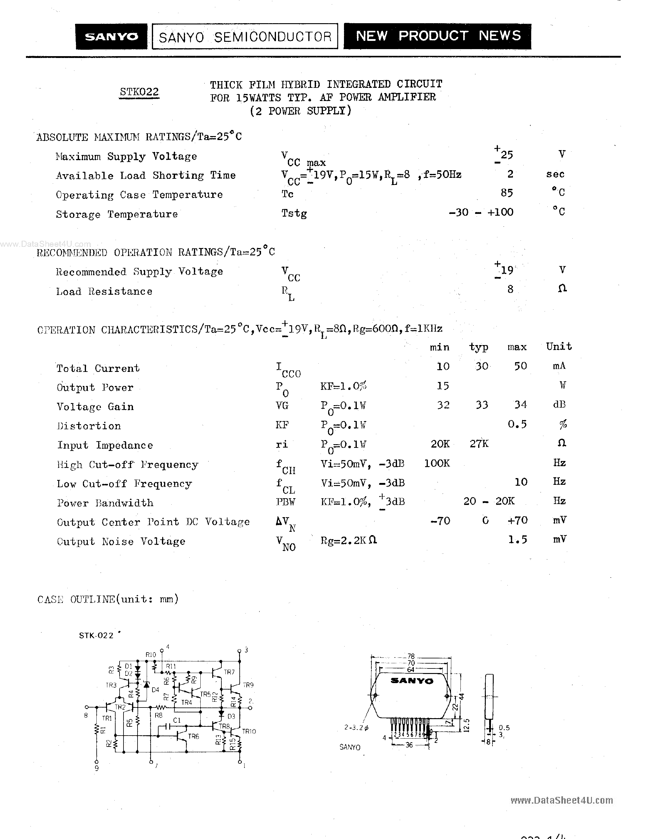 Datasheet STK-022 page 1 Datasheet STK-022 - Thick Film Hybrid Integrated Circuit page 1