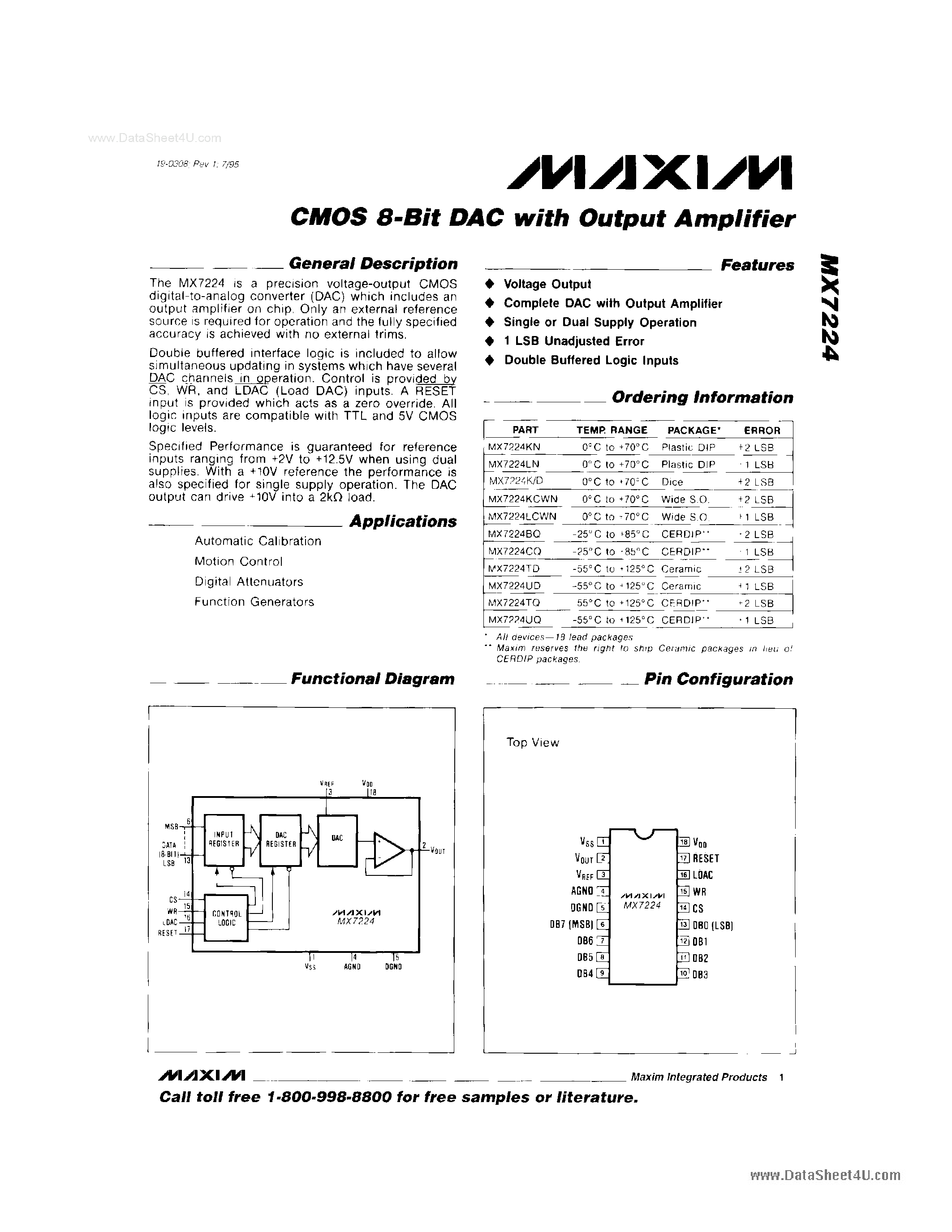 Datasheet MX7224 - CMOS 8-Bit DAC page 1