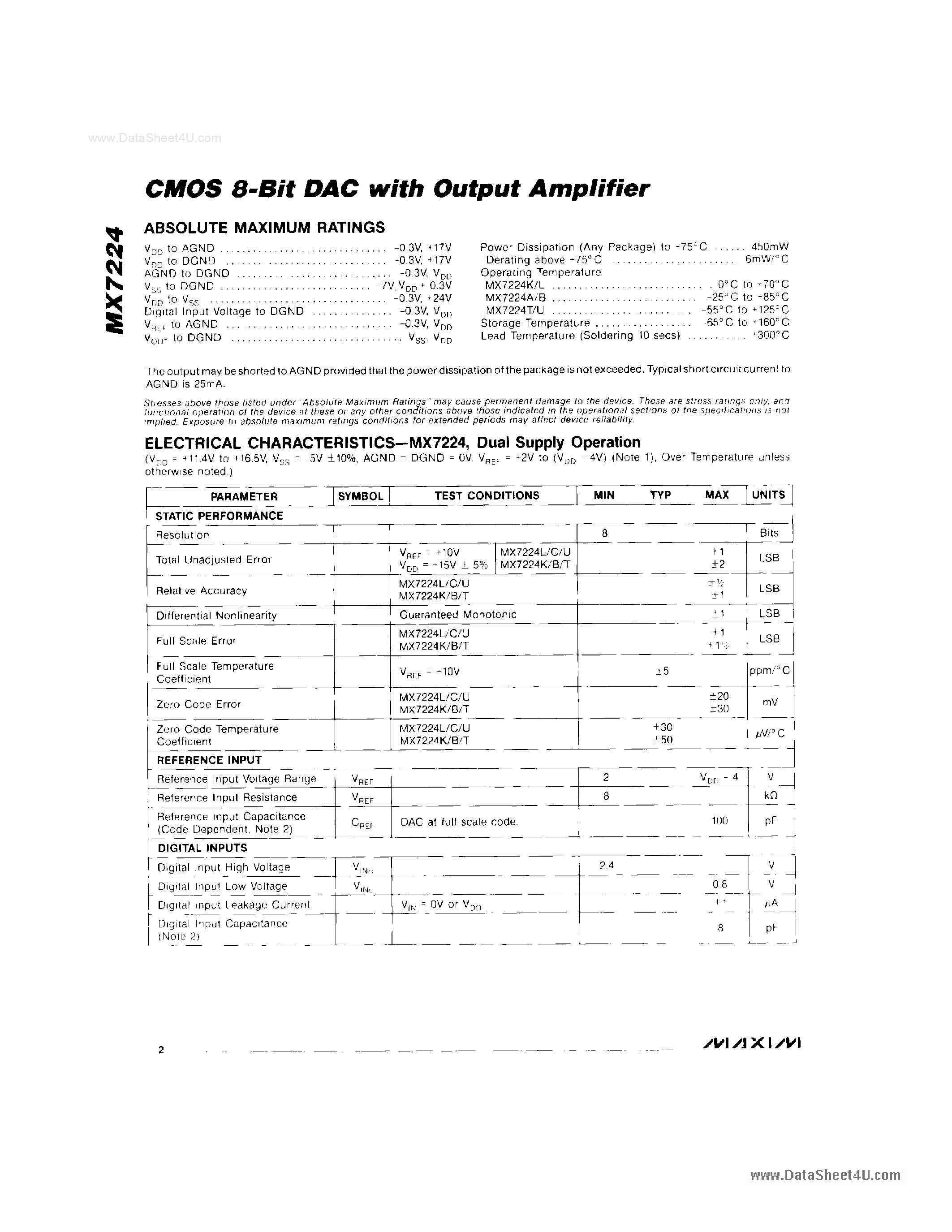 Datasheet MX7224 - CMOS 8-Bit DAC page 2