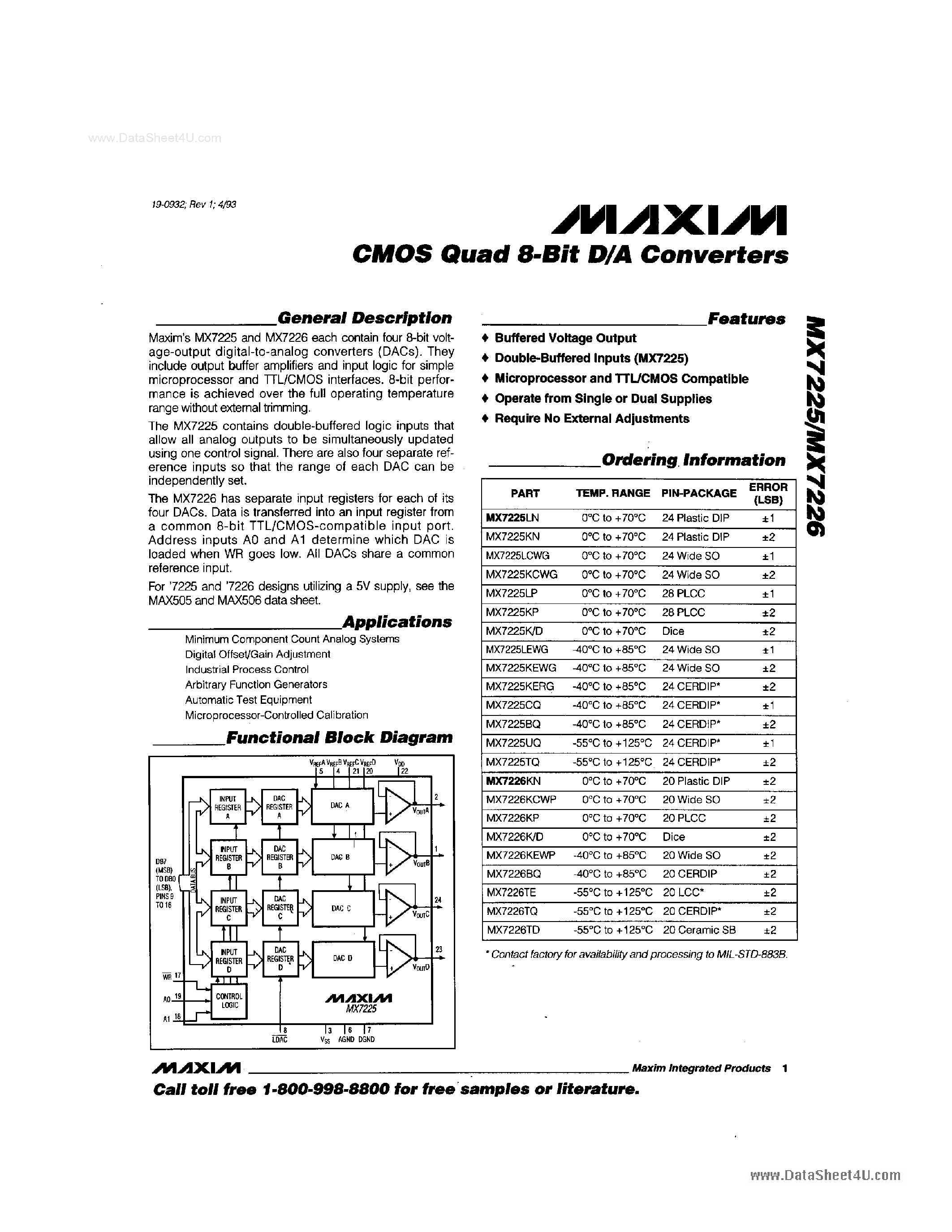 Даташит MX7225 - (MX7225 / MX7226) CMOS Quad 8-Bit D/A Converters страница 1