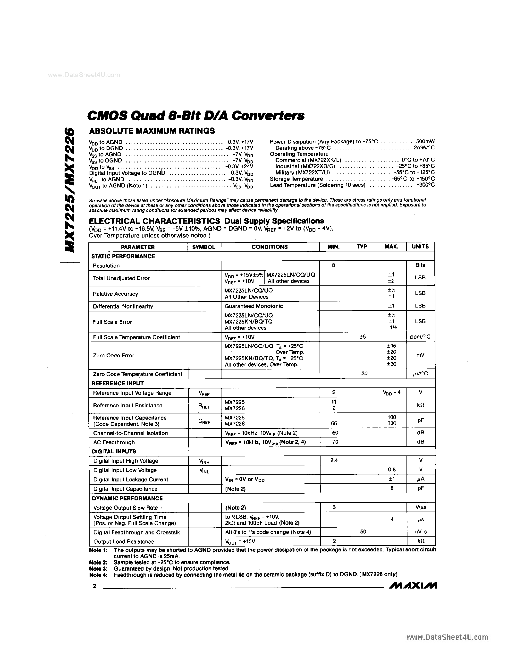 Даташит MX7225 - (MX7225 / MX7226) CMOS Quad 8-Bit D/A Converters страница 2