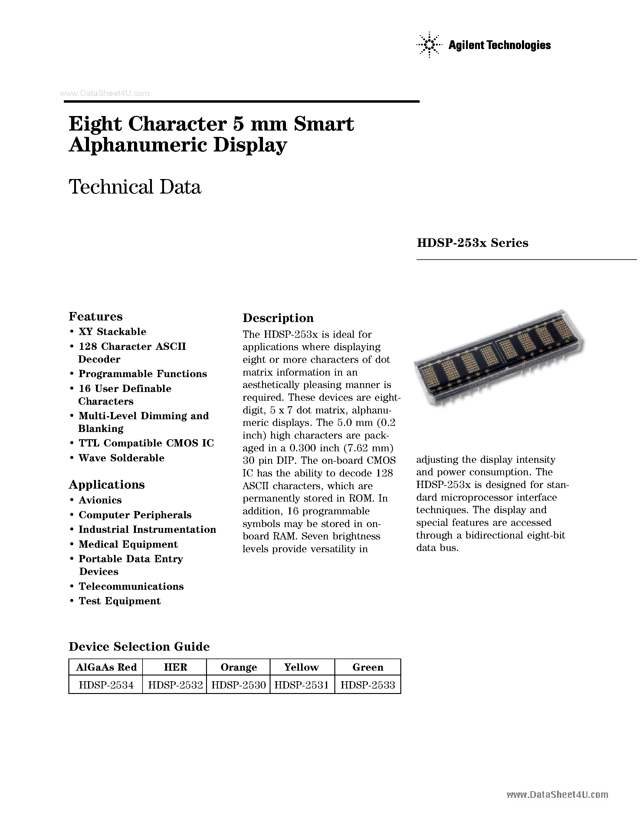 Datasheet HDSP-253x - Eight Character 5 mm Smart Alphanumeric Display page 1