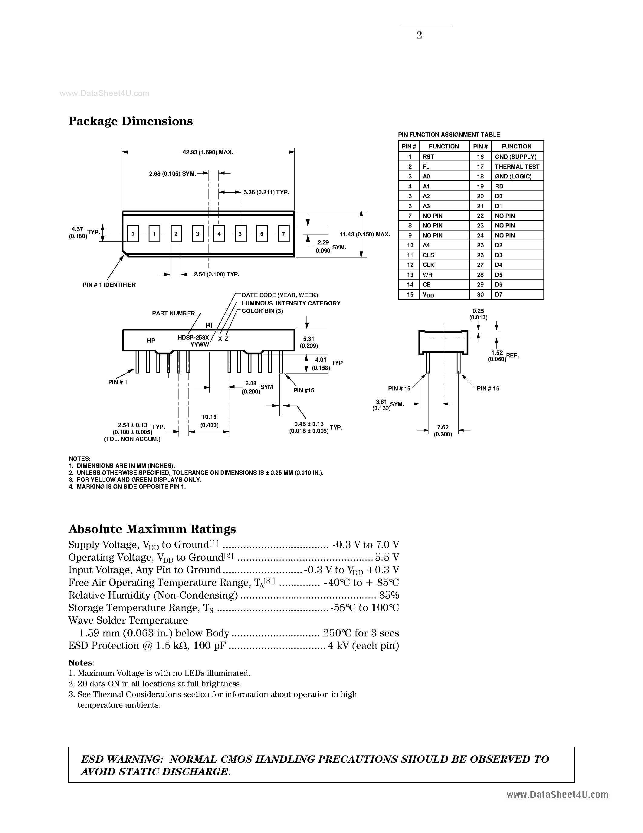 Datasheet HDSP-253x - Eight Character 5 mm Smart Alphanumeric Display page 2