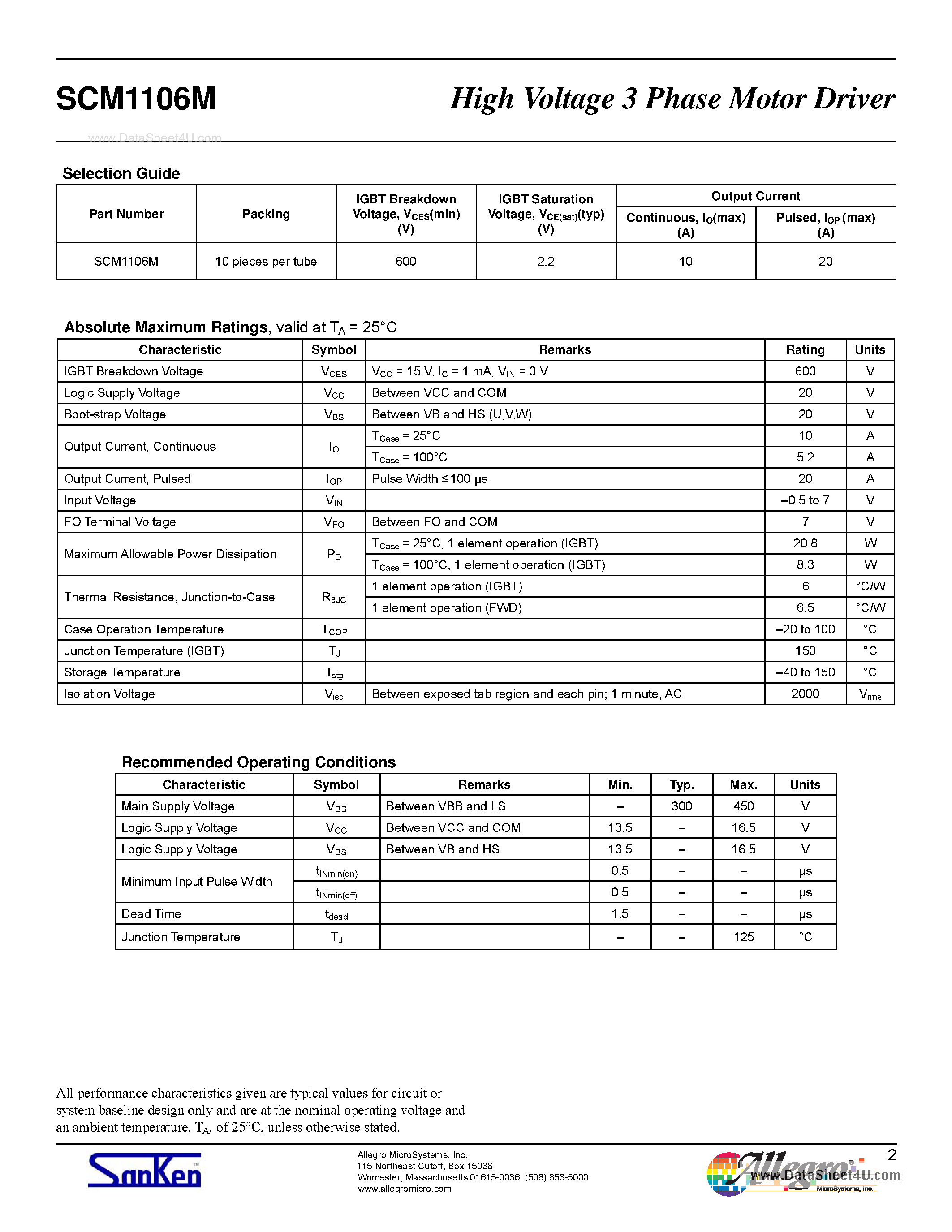 Datasheet SCM1106M - High Voltage 3 Phase Motor Driver page 2