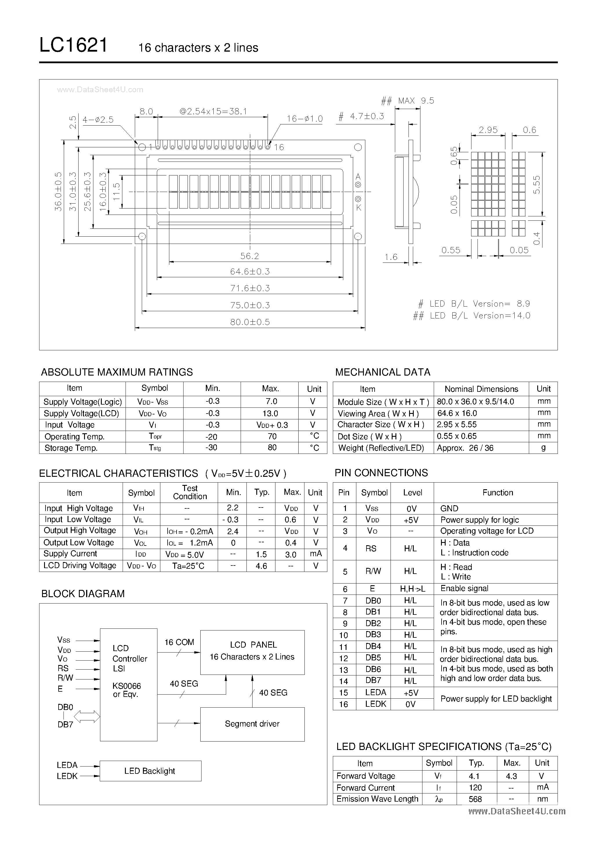 Даташит на микросхему LC1621 страница 1 Даташит LC1621 - 16 X 2 LCD Module страница 1