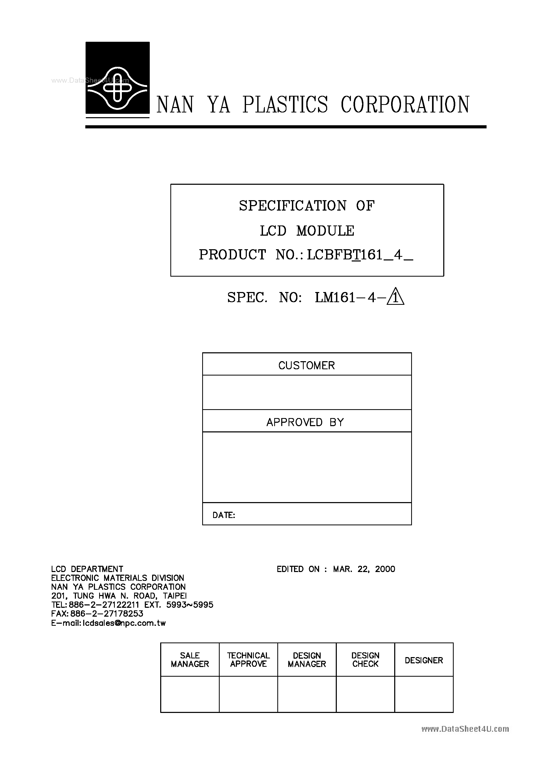 Datasheet LCBFBT161-4 page 1 Datasheet LCBFBT161-4 - LCD Module page 1