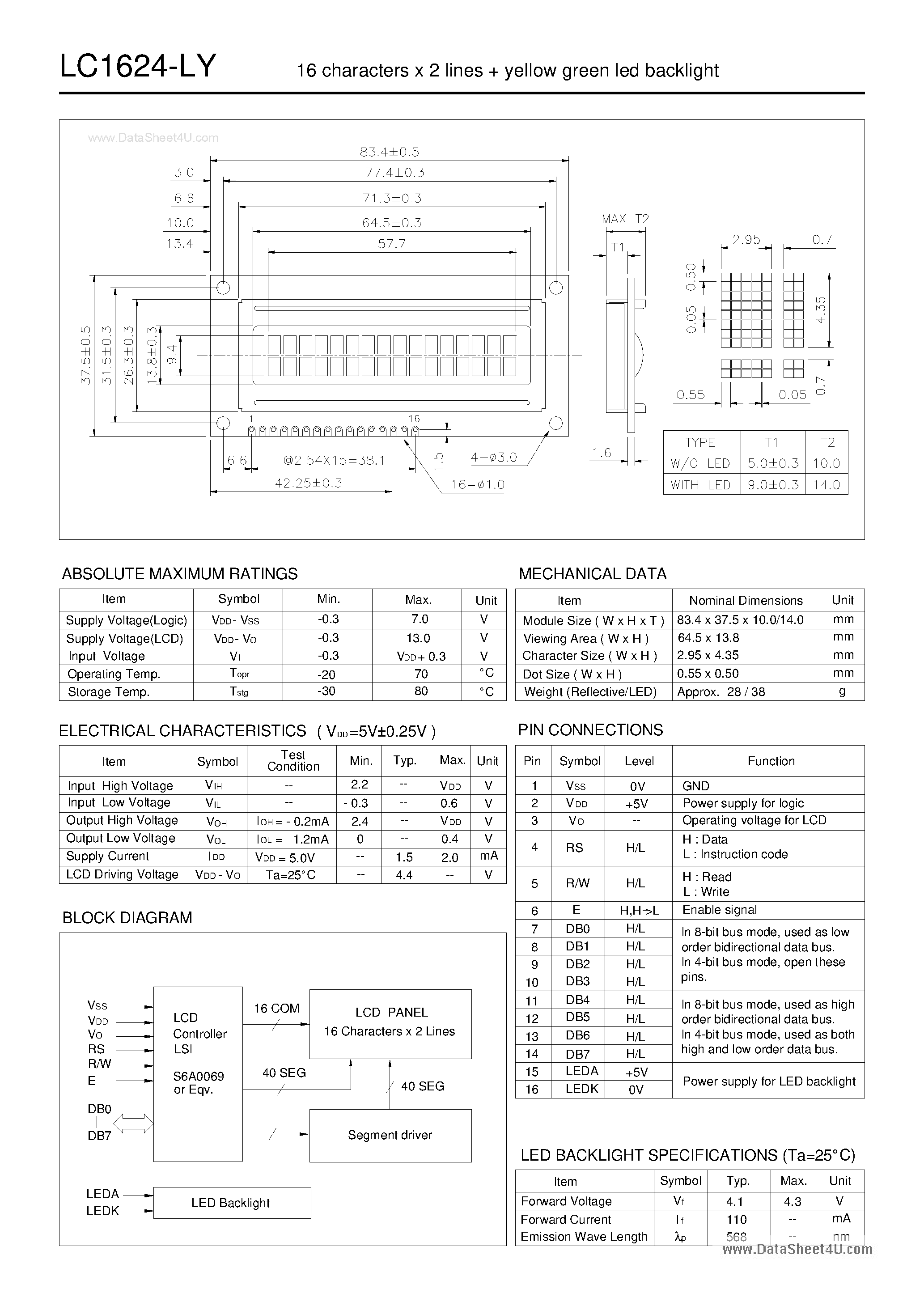 Даташит на микросхему LC1624-LY страница 1 Даташит LC1624-LY - LCD Module страница 1