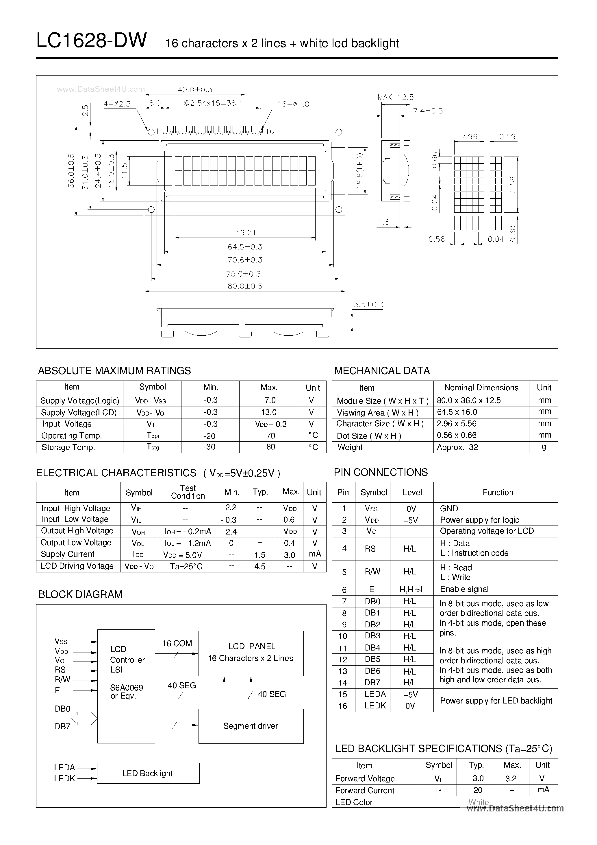 Даташит на микросхему LC1628-DW страница 1 Даташит LC1628-DW - LCD Module страница 1