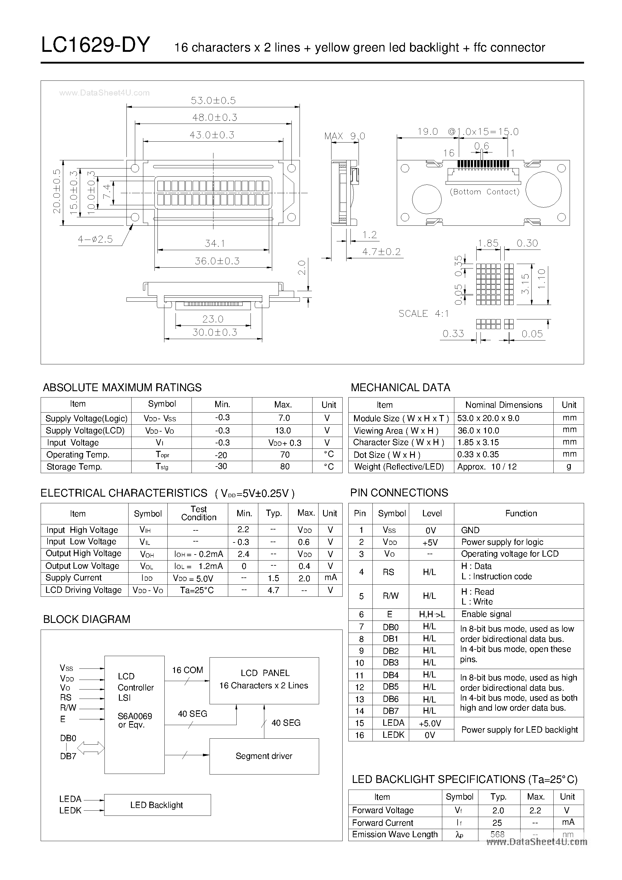 Даташит на микросхему LC1629-DY страница 1 Даташит LC1629-DY - LCD Module страница 1
