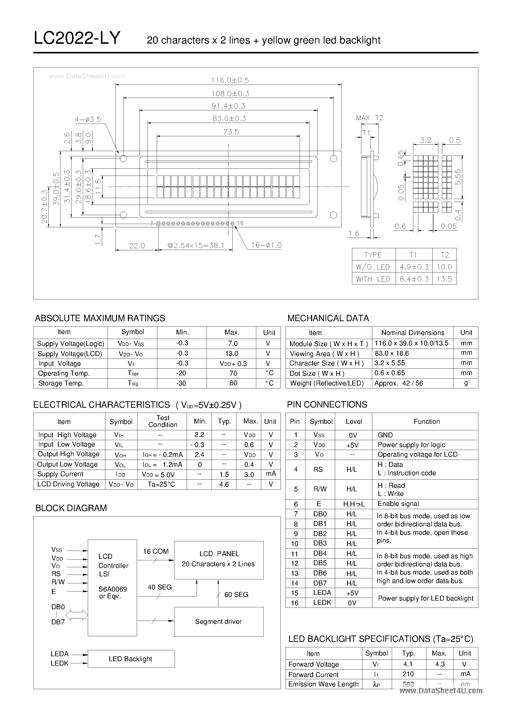 Datasheet LC2022-LY page 1 Datasheet LC2022-LY - LCD Module page 1