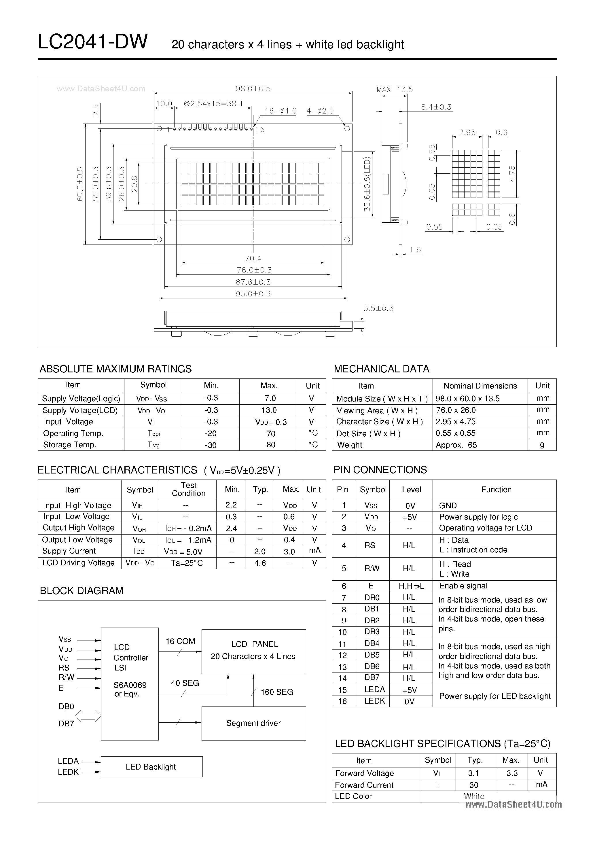 Datasheet LC2041-DW page 1 Datasheet LC2041-DW - LCD Module page 1