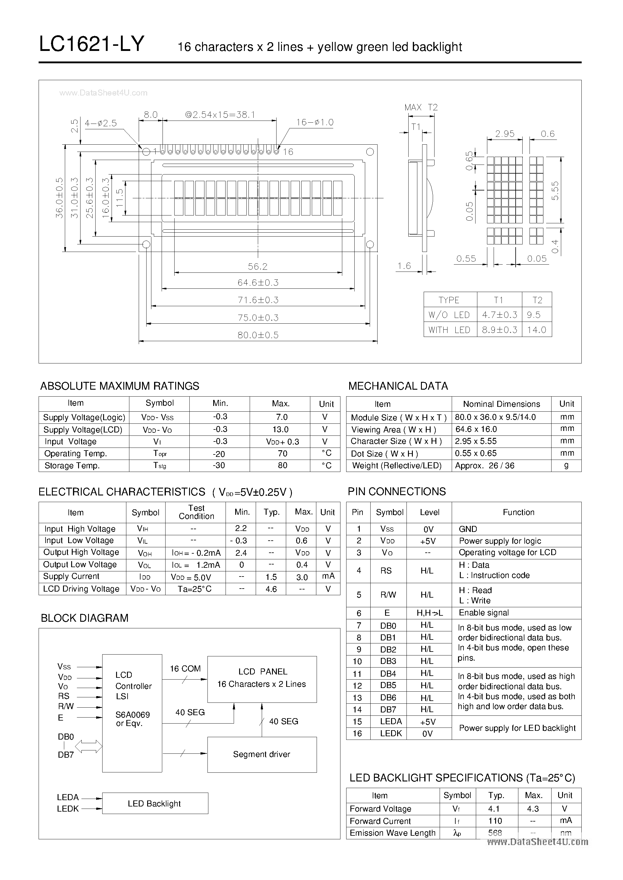 Даташит на микросхему LC1621-LY страница 1 Даташит LC1621-LY - 12 X 2 LCD Module страница 1