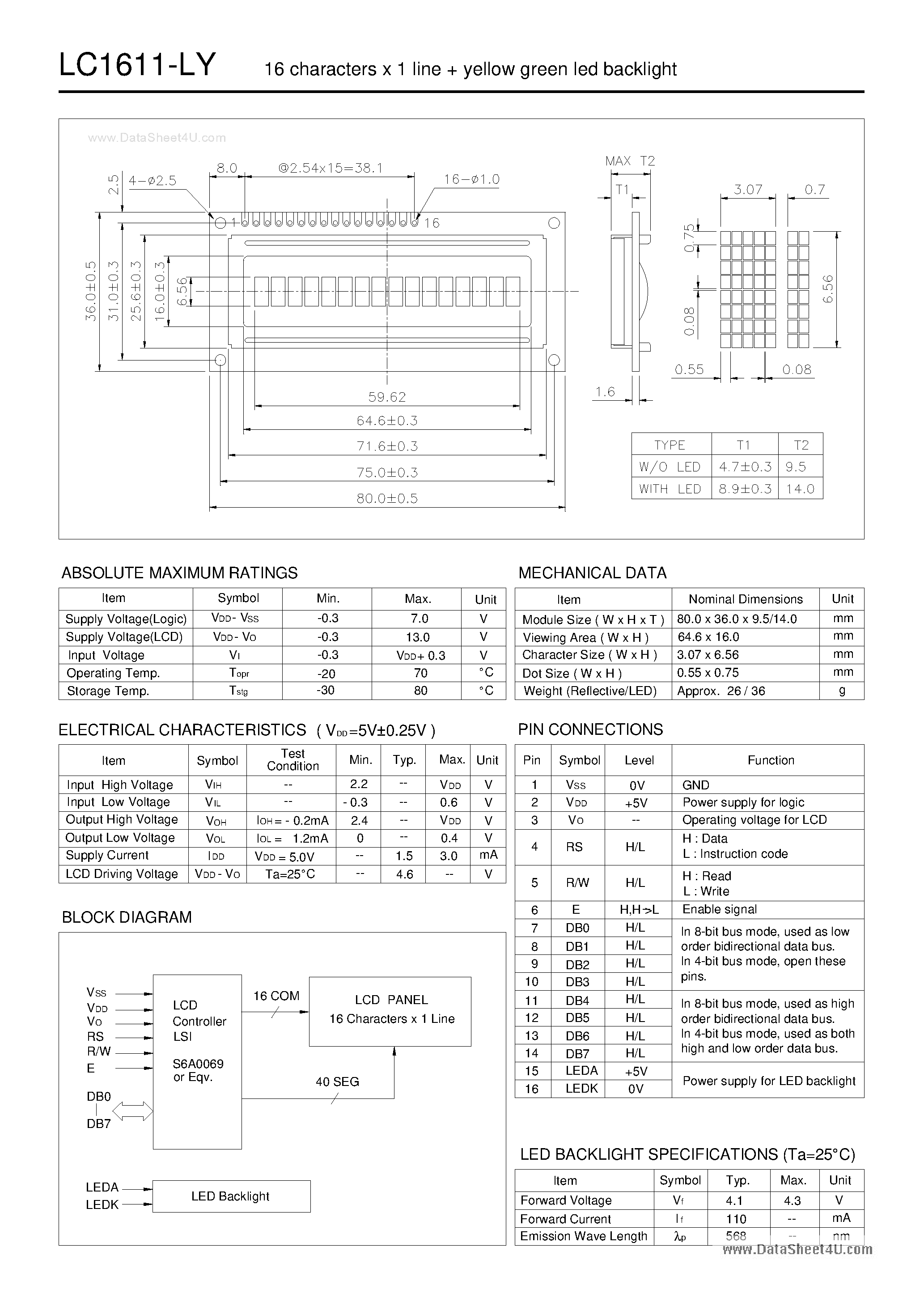 Даташит на микросхему LC1611-LY страница 1 Даташит LC1611-LY - LCD Module страница 1