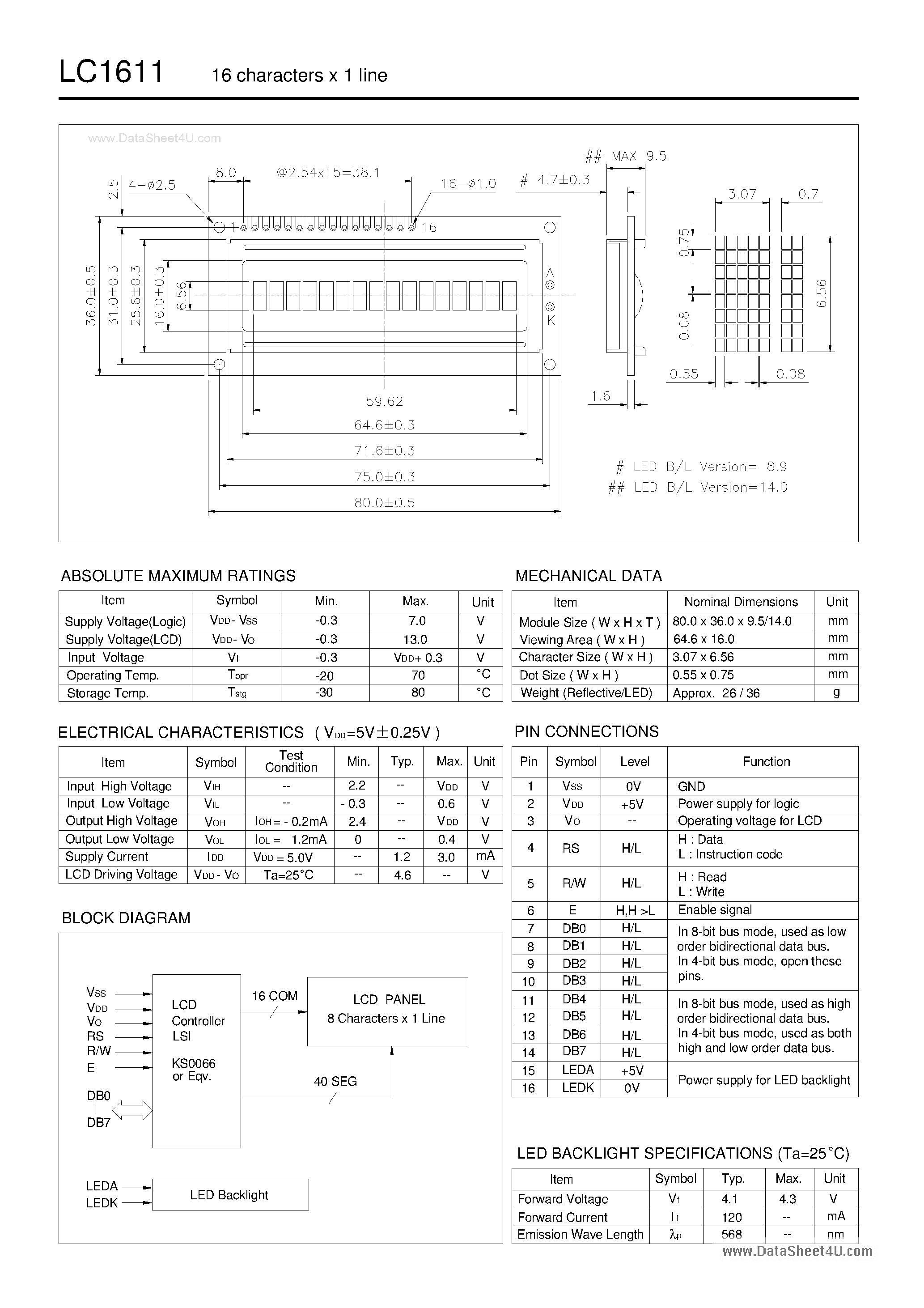 Даташит на микросхему LC1611 страница 1 Даташит LC1611 - LCD Module страница 1