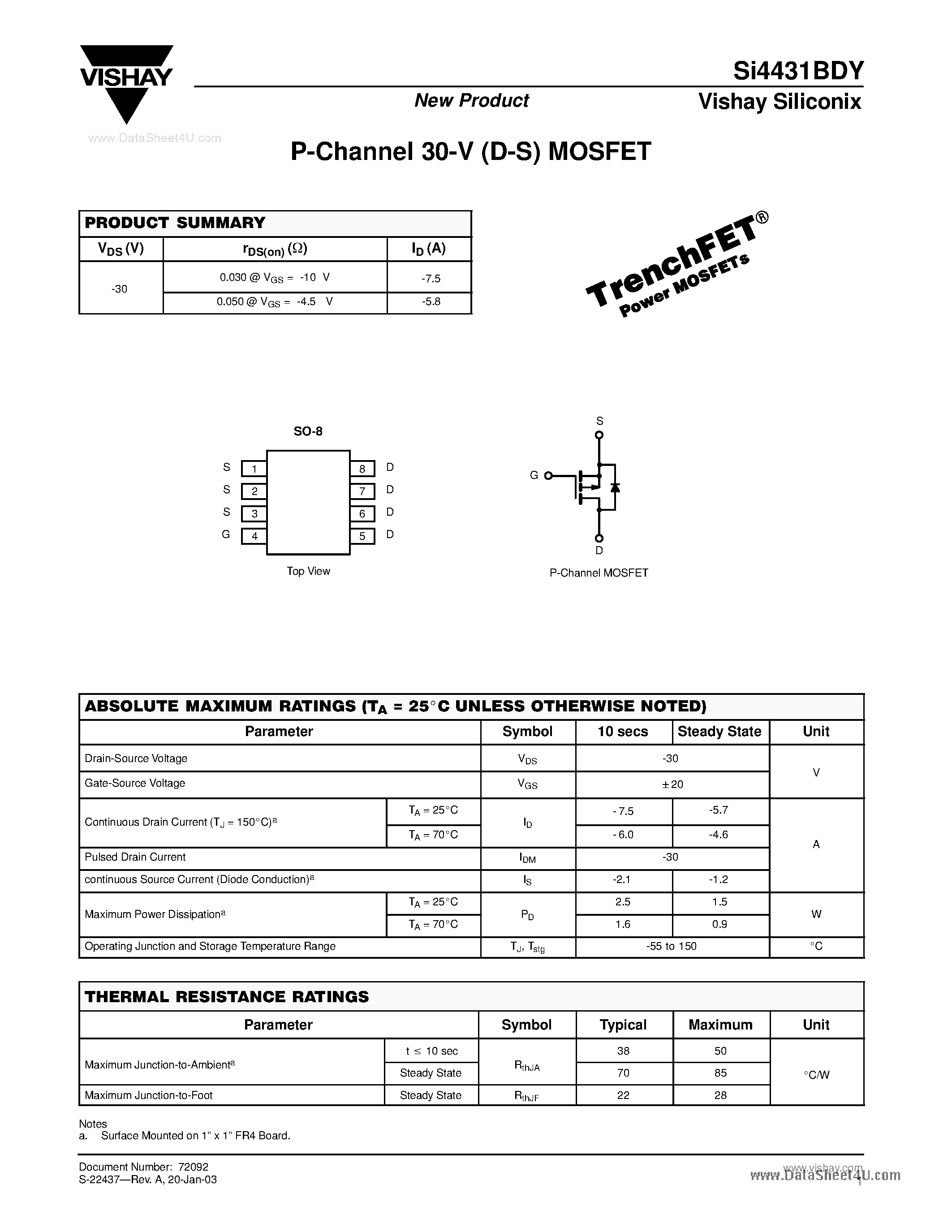 Даташит на микросхему SI4431BDY страница 1 Даташит SI4431BDY - P-Channel 30-V (D-S) MOSFET страница 1