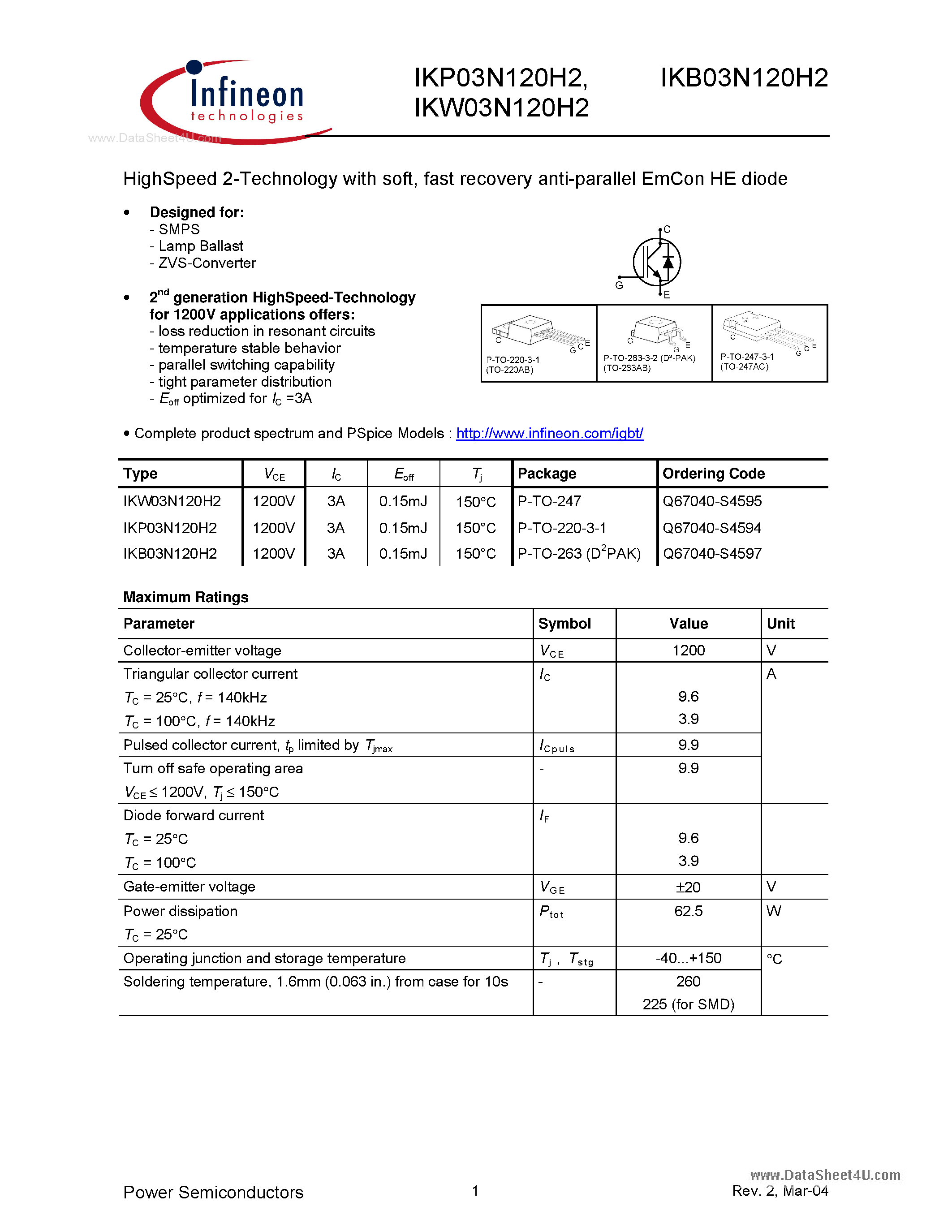 Datasheet IKP03N120H2 page 1 Datasheet IKP03N120H2 - HighSpeed 2-Technology page 1