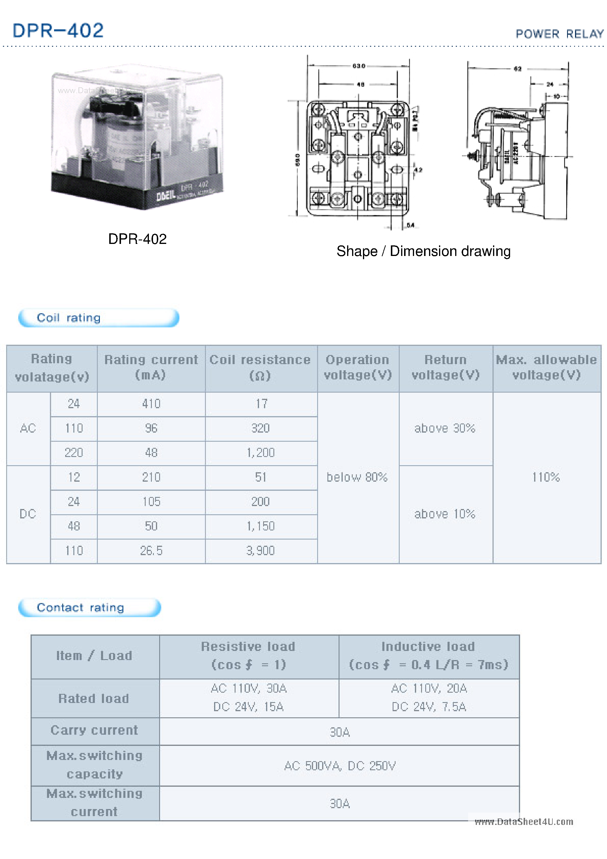 Даташит DPR-402 - Power Relay страница 1