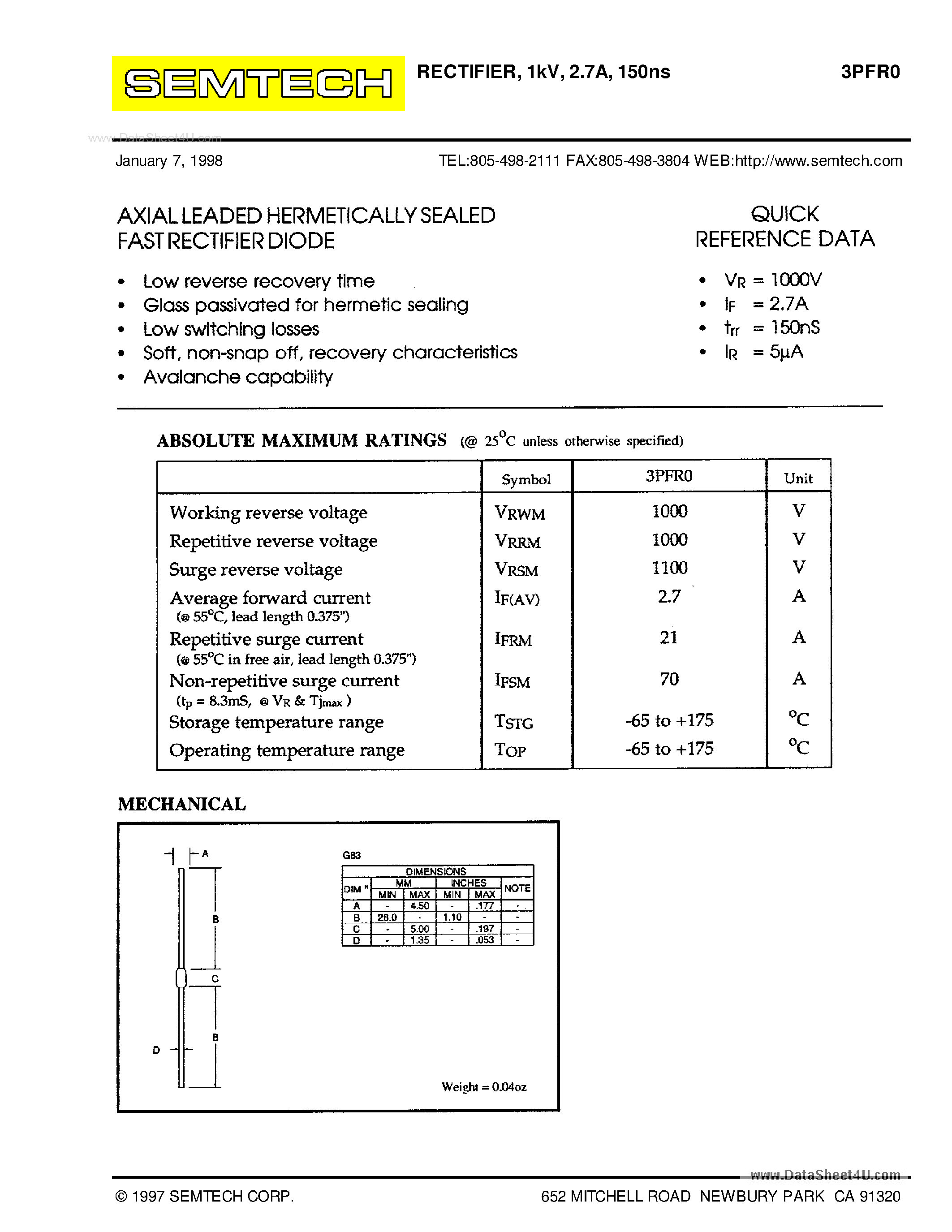 Datasheet 3PFR0 page 1 Datasheet 3PFR0 - RECTIFIER page 1