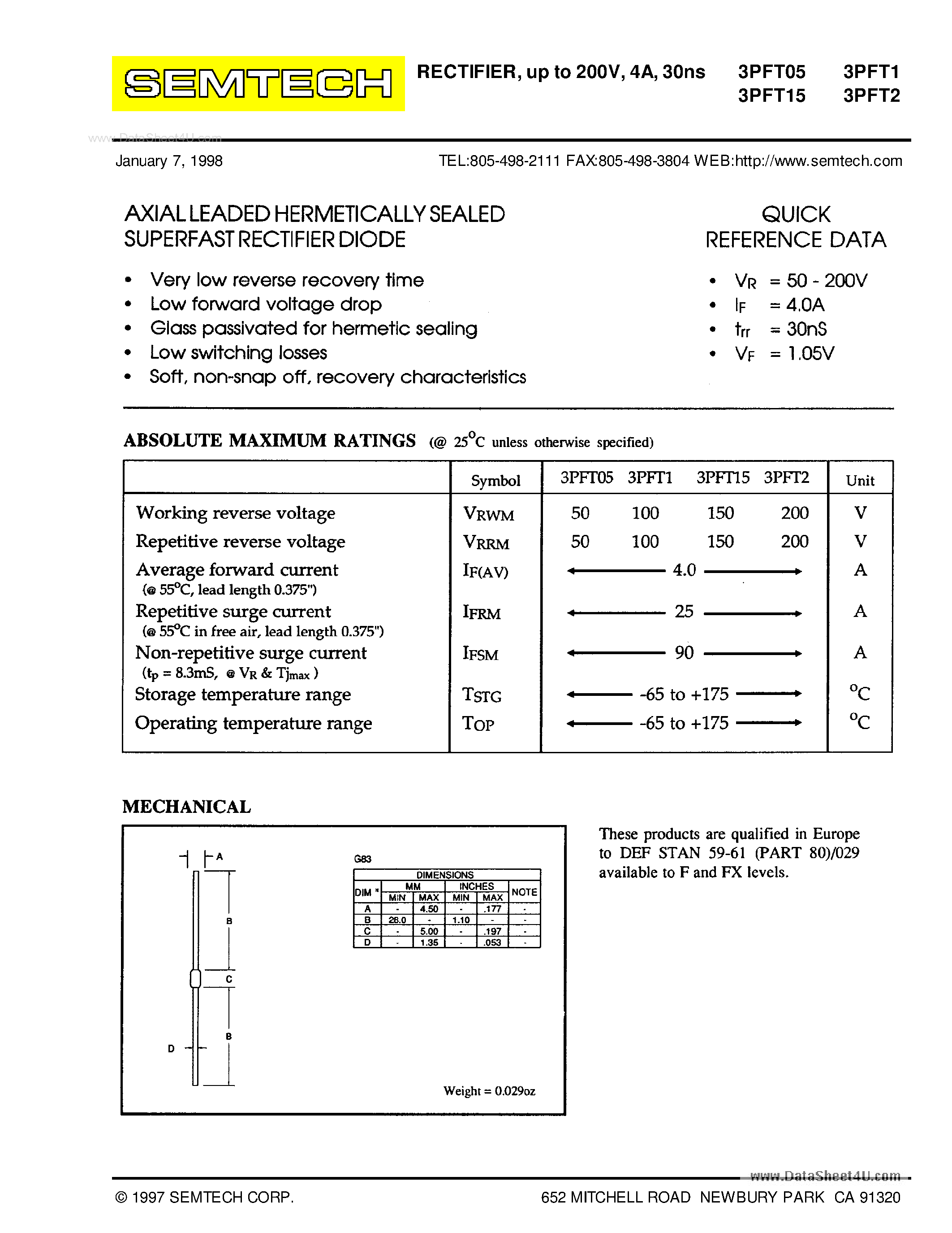 Datasheet 3PFT05 page 1 Datasheet 3PFT05 - (3PFTxx) RECTIFIER page 1