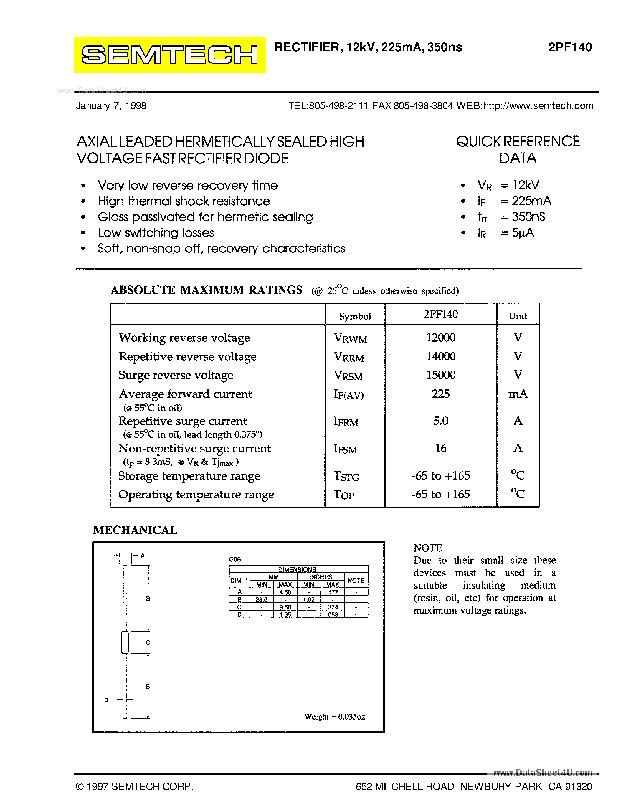 Datasheet 2PF140 - AXIAL LEADED HERMETICALLY SEALED HIGH VOLTAGE FAST RECTIFIER DIODE page 1