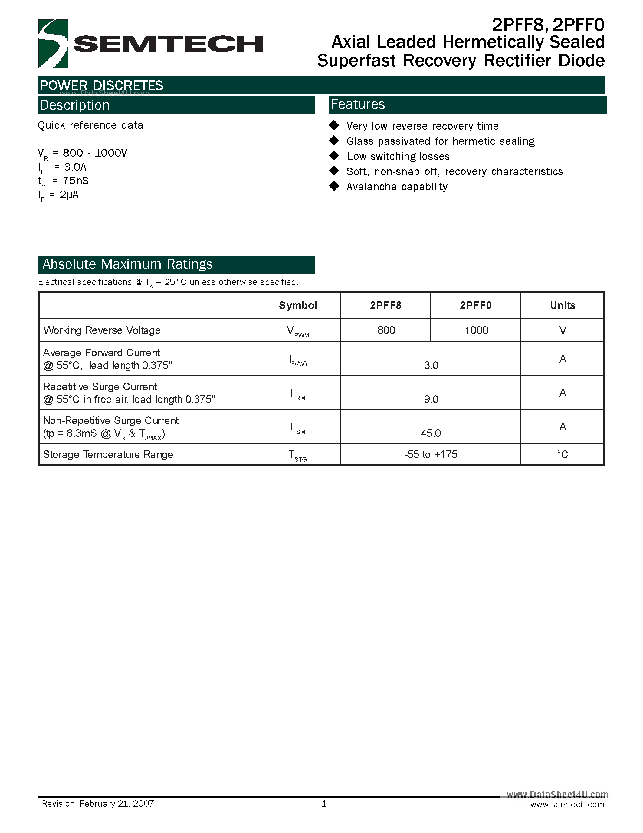 Datasheet 2PFF0 - (2PFF0 / 2PFF8) Axial Leaded Hermetically Sealed Superfast Recovery Rectifier Diode page 1