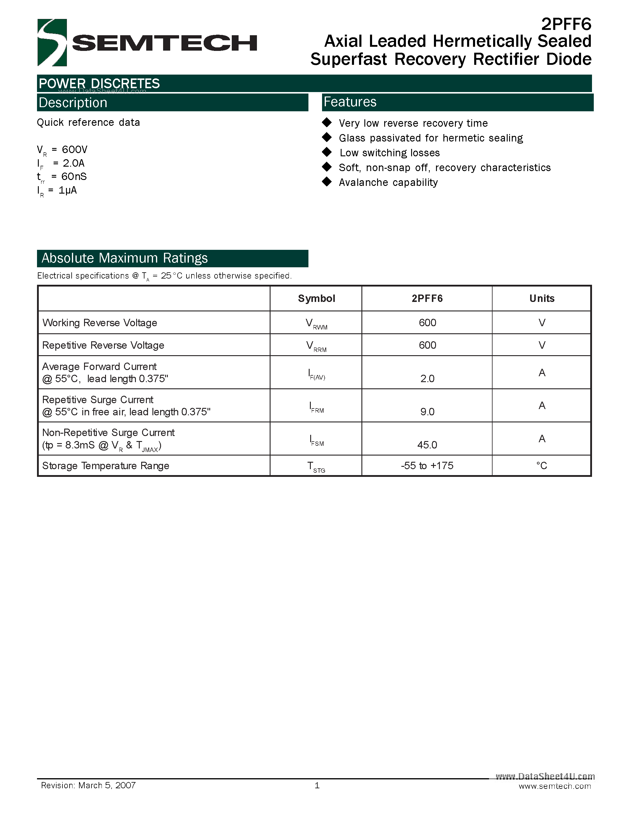 Datasheet 2PFF6 page 1 Datasheet 2PFF6 - Axial Leaded Hermetically Sealed Superfast Recovery Rectifier Diode page 1