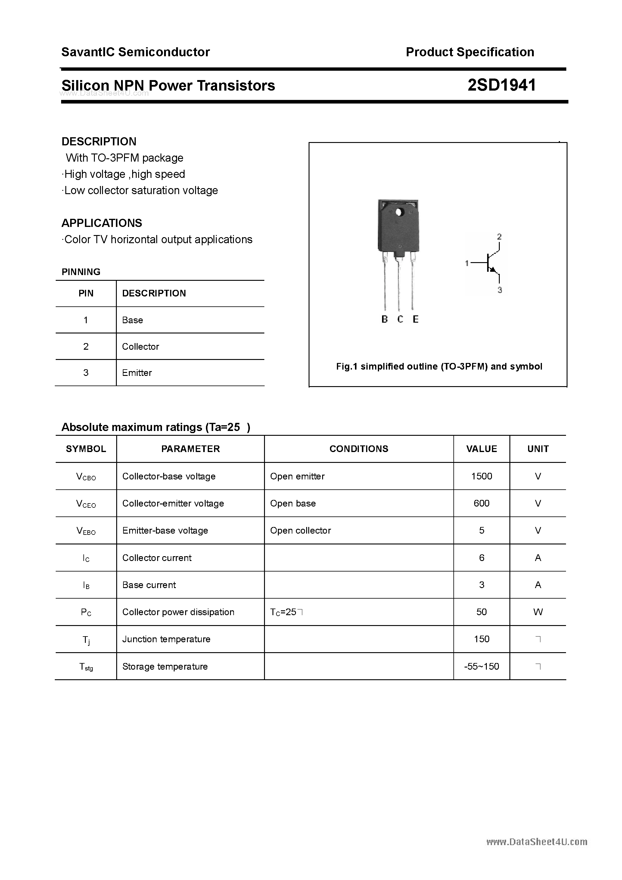 Datasheet 2SD1941 - Silicon NPN Power Transistors page 1