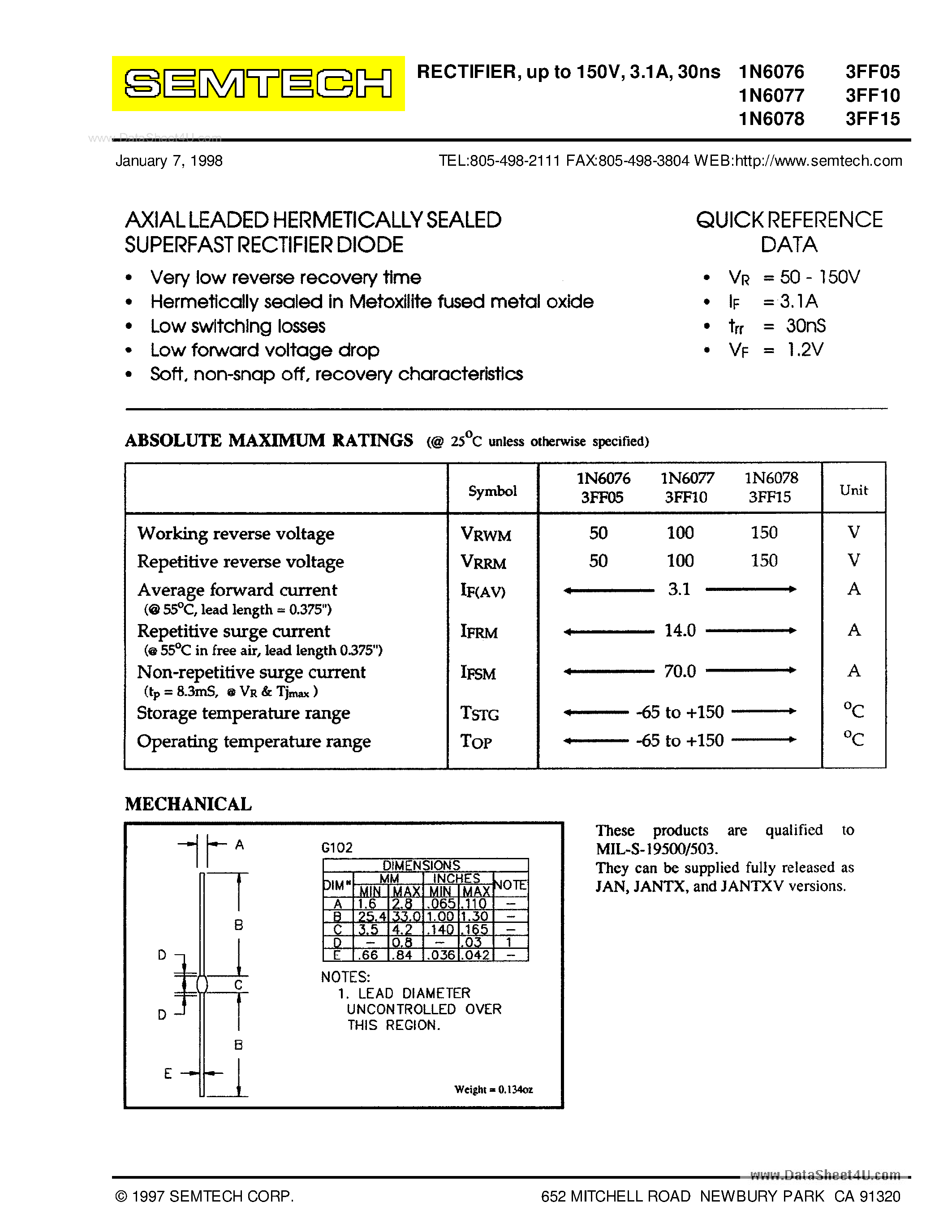 Даташит на микросхему 3FF05 страница 1 Даташит 3FF05 - (3FFxx) RECTIFIER страница 1
