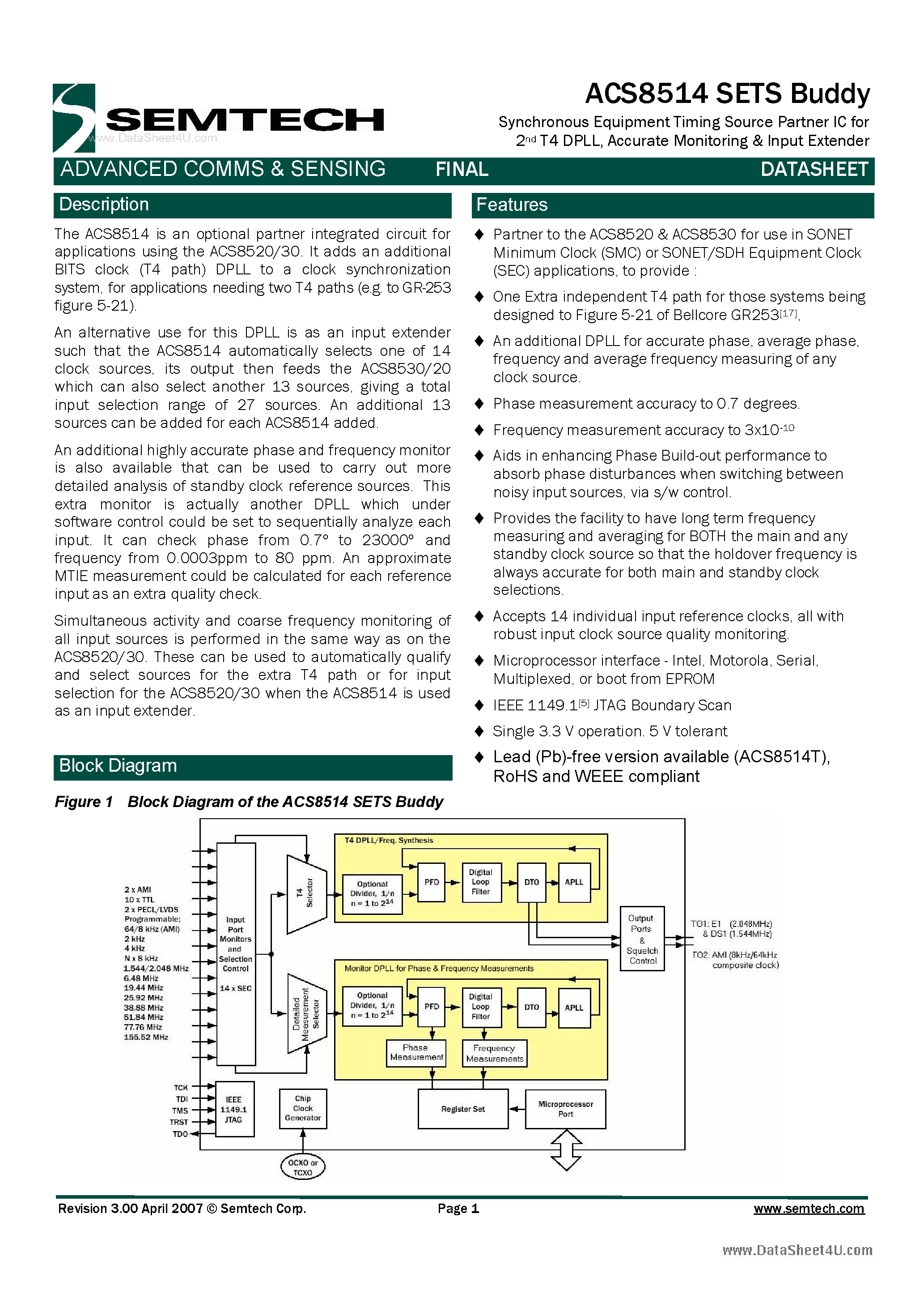 Datasheet ACS8514 - Synchronous Equipment Timing Source Partner IC page 1