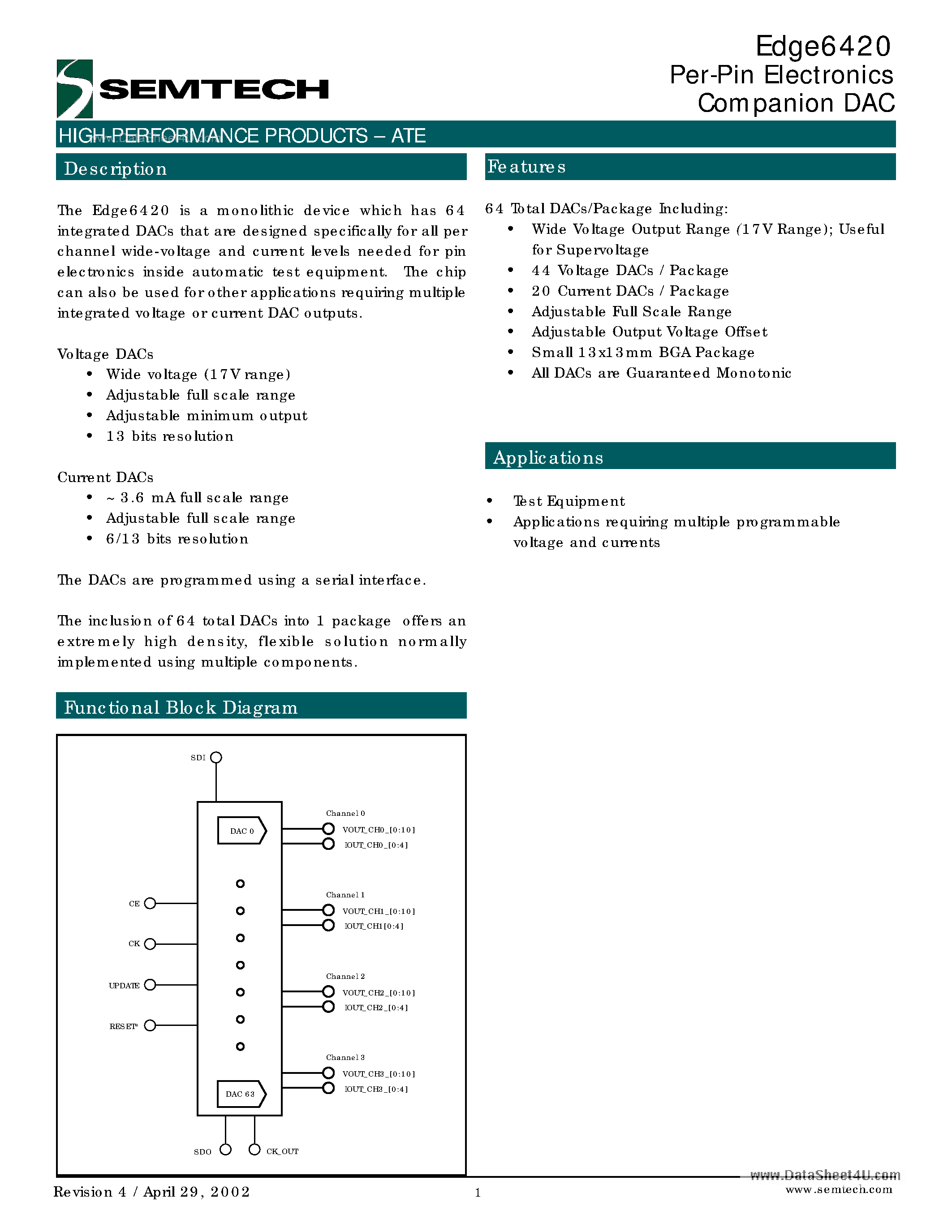 Datasheet EDGE6420 - Per-Pin Electronics Companion DAC page 1