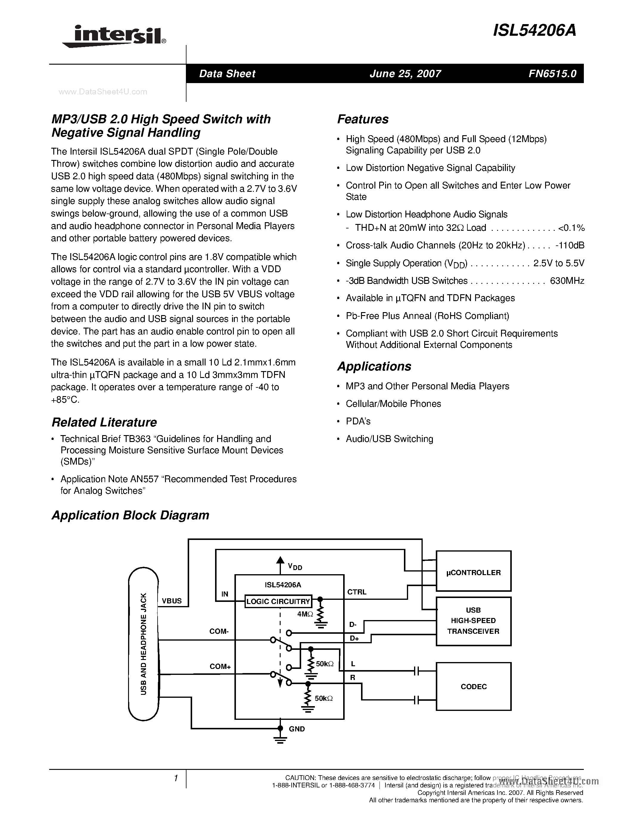 Datasheet ISL54206A page 1 Datasheet ISL54206A - MP3/USB 2.0 High Speed Switch page 1