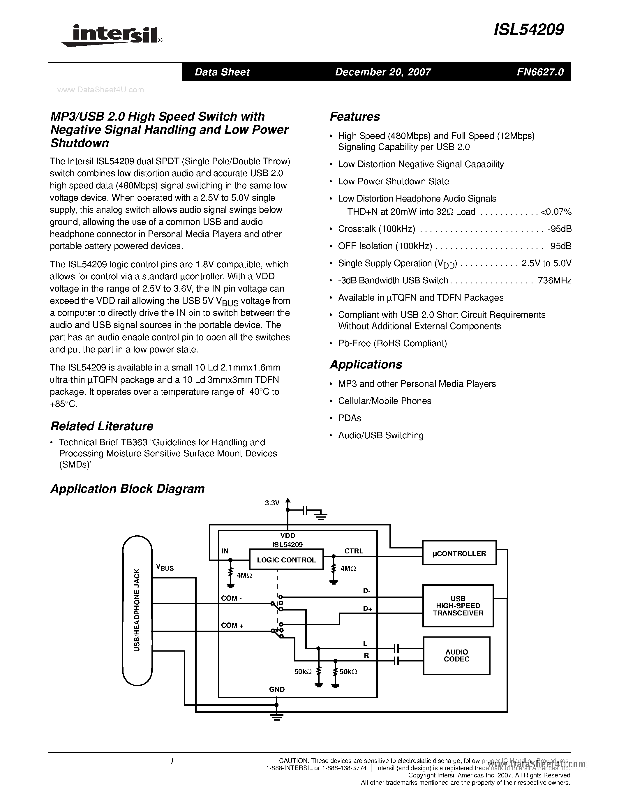 Datasheet ISL54209 page 1 Datasheet ISL54209 - MP3/USB 2.0 High Speed Switch page 1