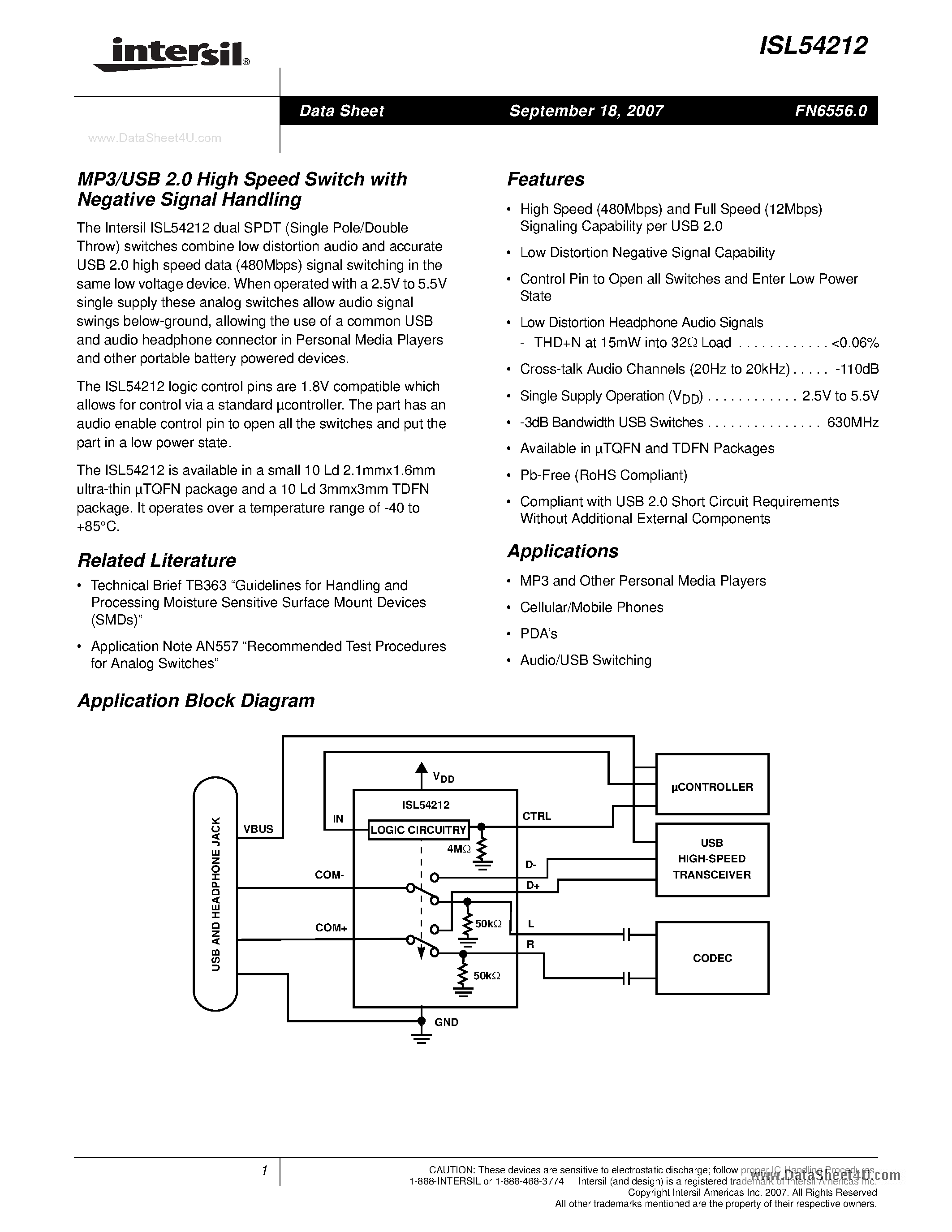 Datasheet ISL54212 - MP3/USB 2.0 High Speed Switch page 1