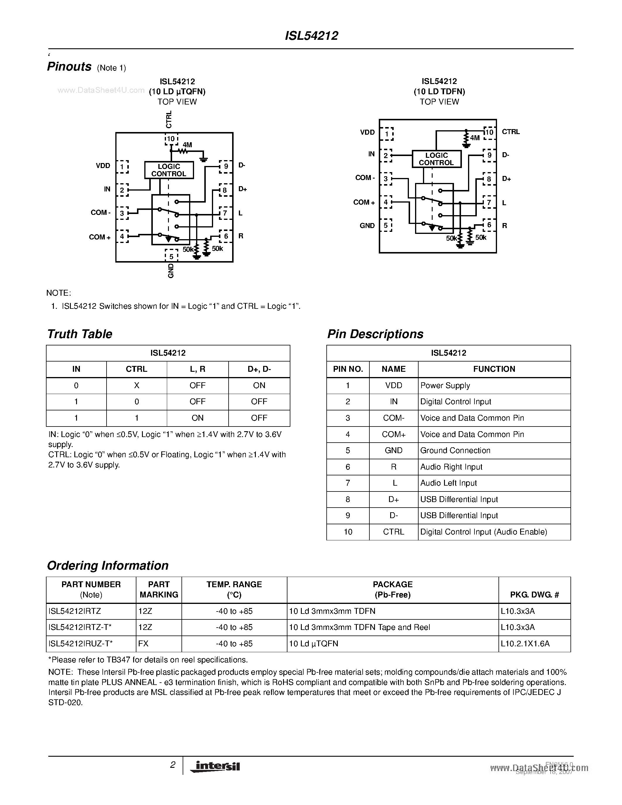 Datasheet ISL54212 - MP3/USB 2.0 High Speed Switch page 2