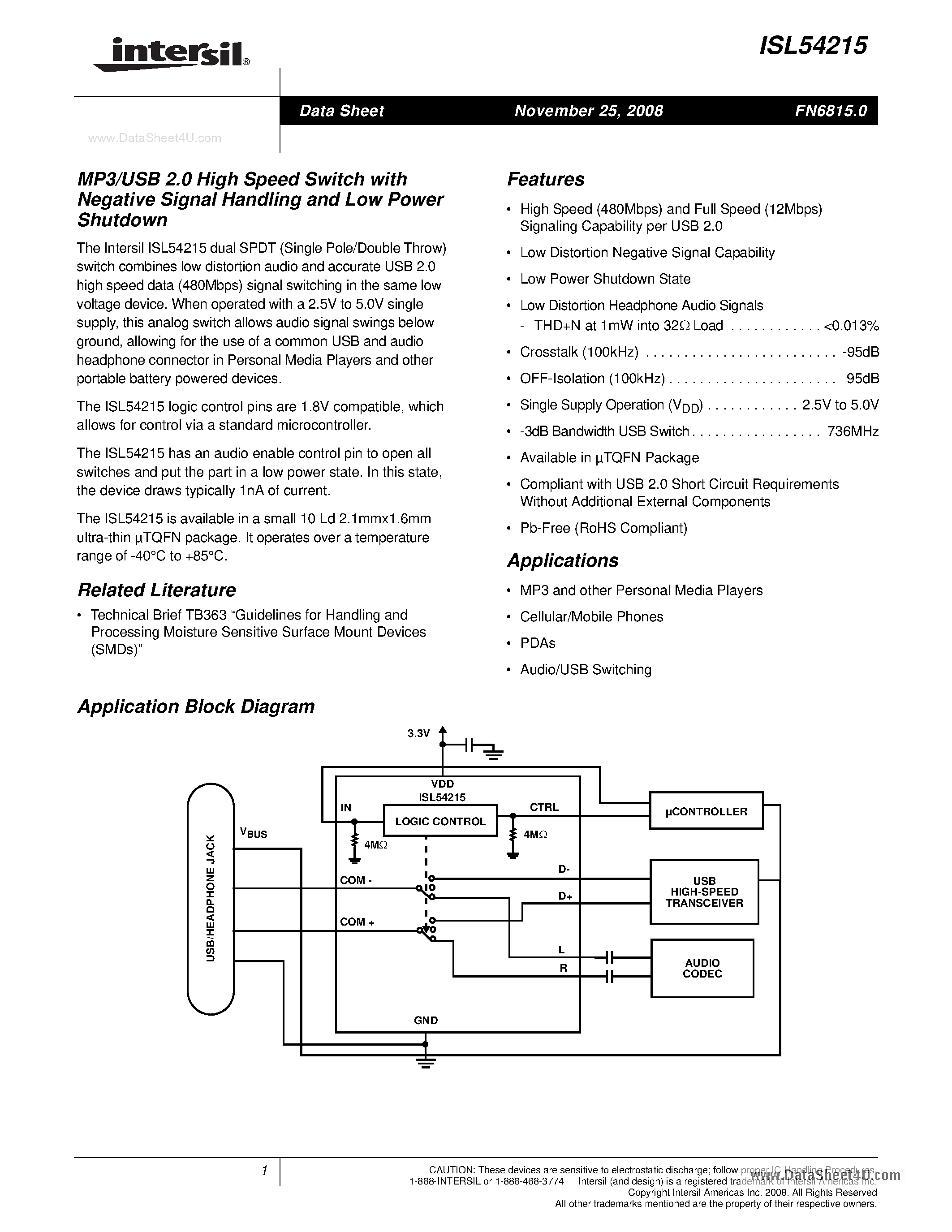 Datasheet ISL54215 page 1 Datasheet ISL54215 - MP3/USB 2.0 High Speed Switch page 1