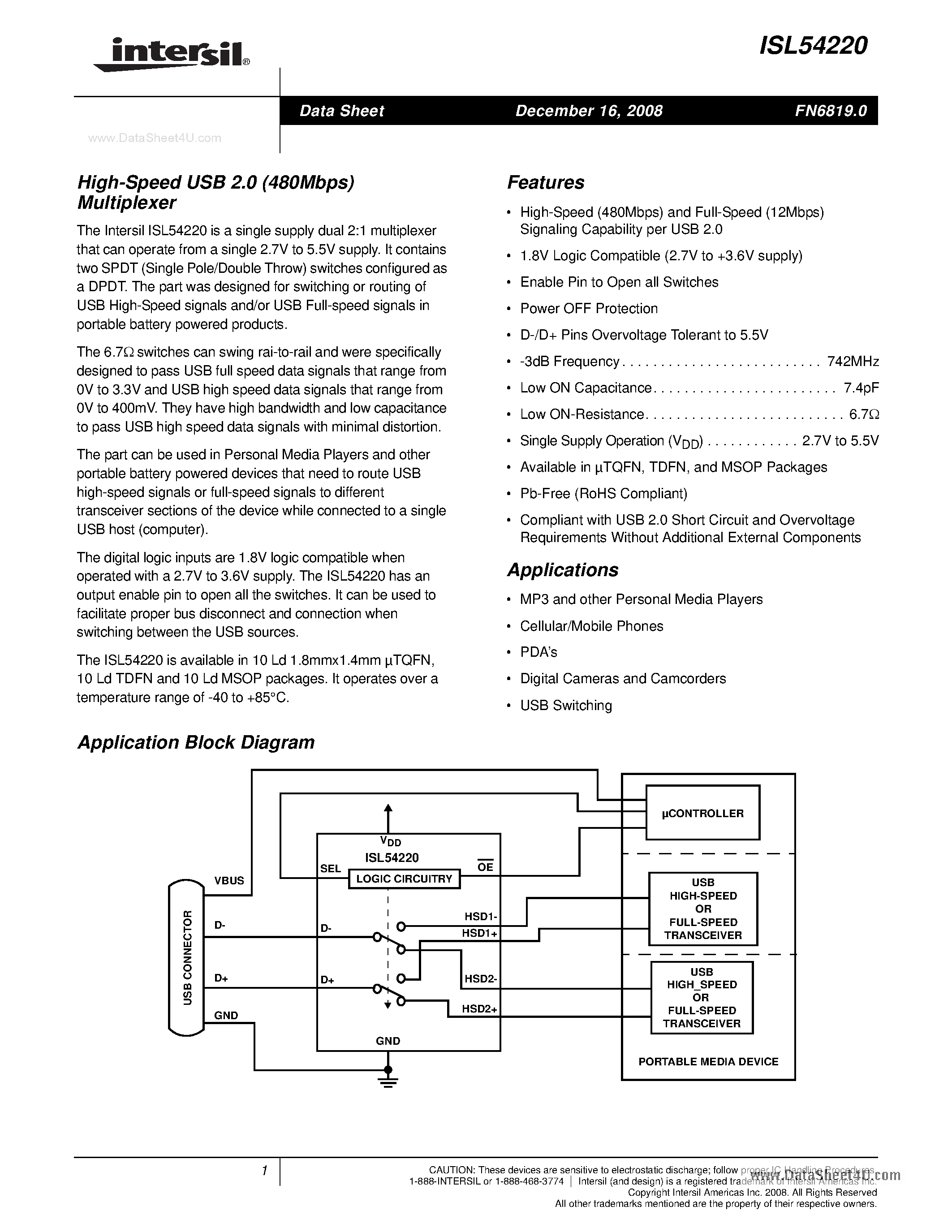 Datasheet ISL54220 page 1 Datasheet ISL54220 - High-Speed USB 2.0 (480Mbps) Multiplexer page 1