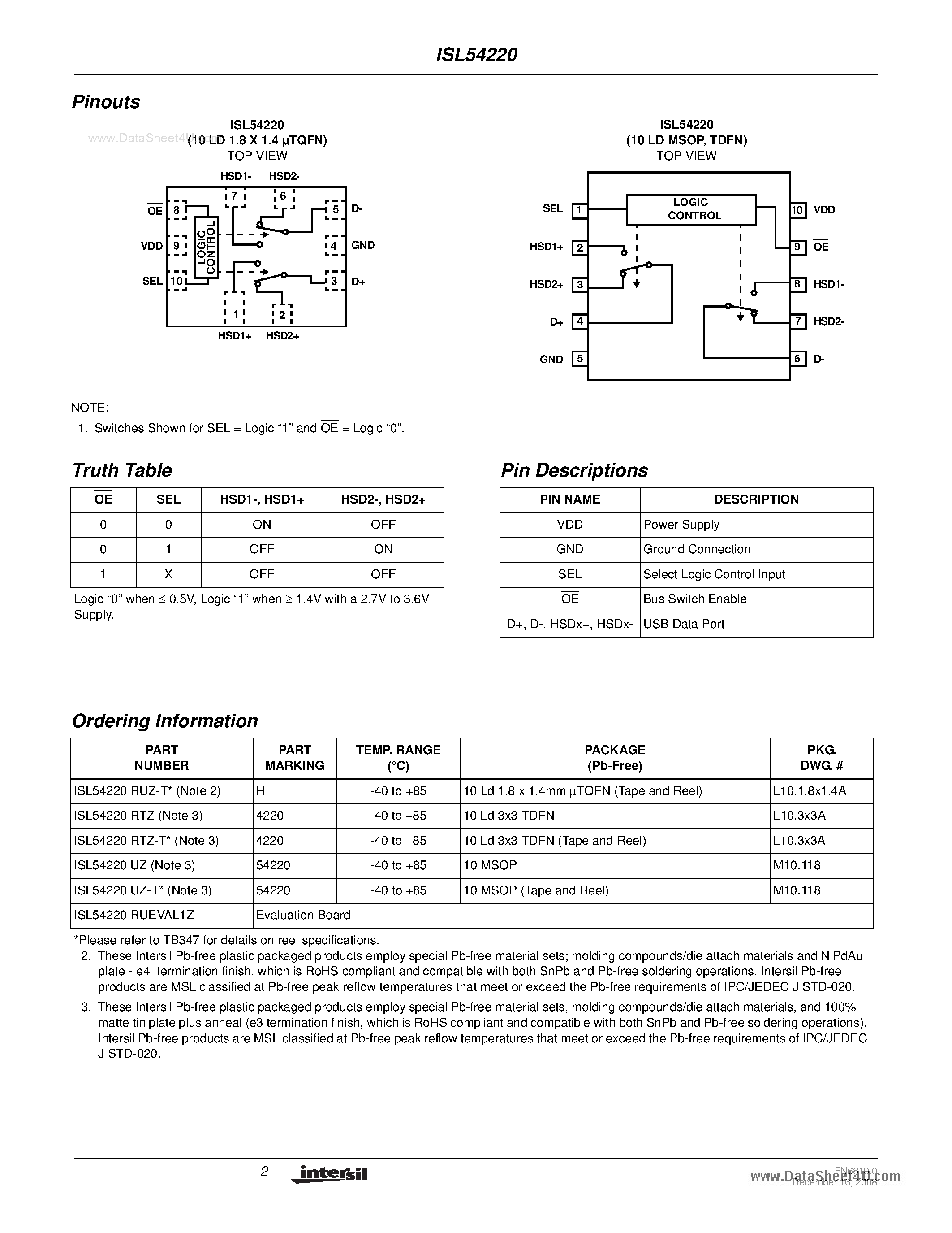 Datasheet ISL54220 page 2 Datasheet ISL54220 - High-Speed USB 2.0 (480Mbps) Multiplexer page 2