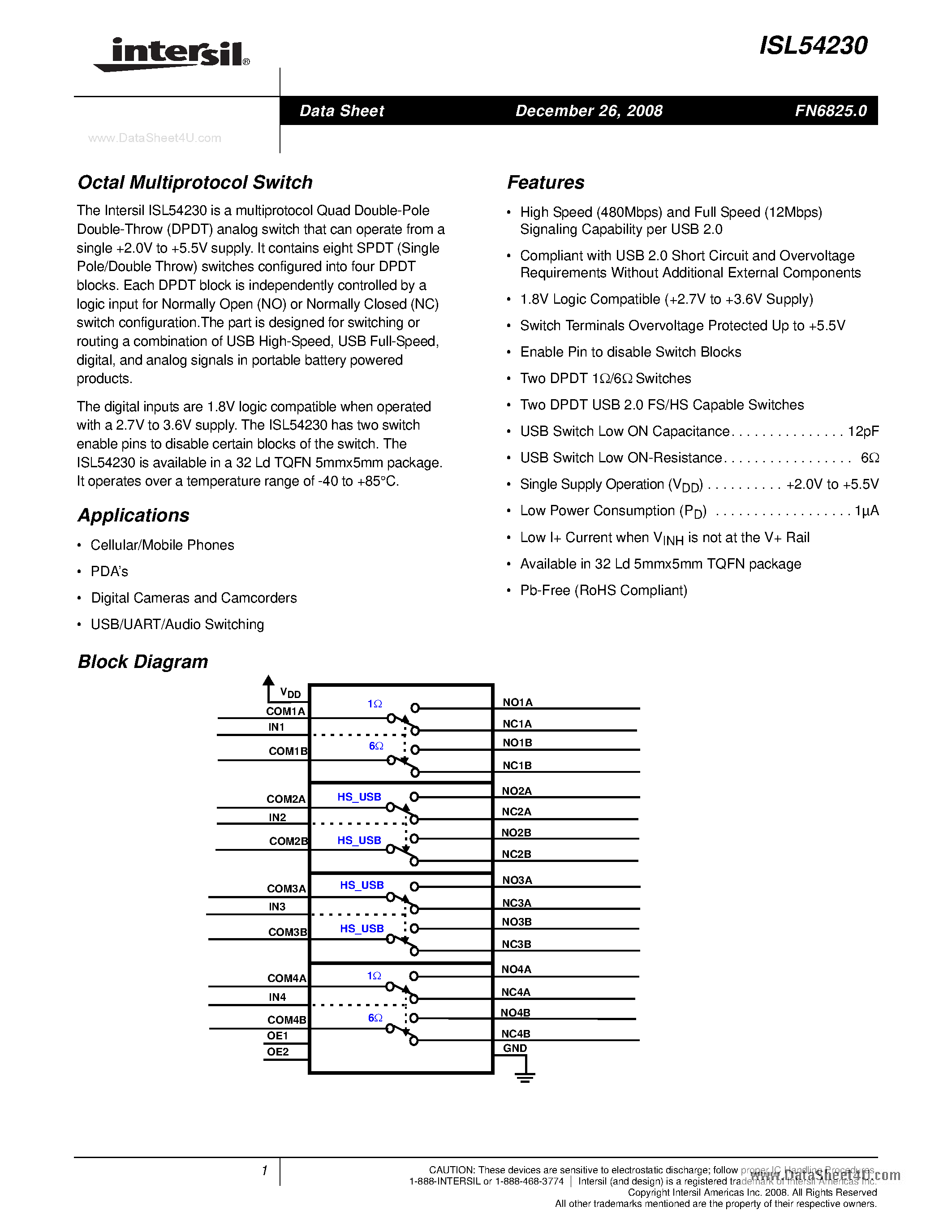 Datasheet ISL54230 - Octal Multiprotocol Switch page 1