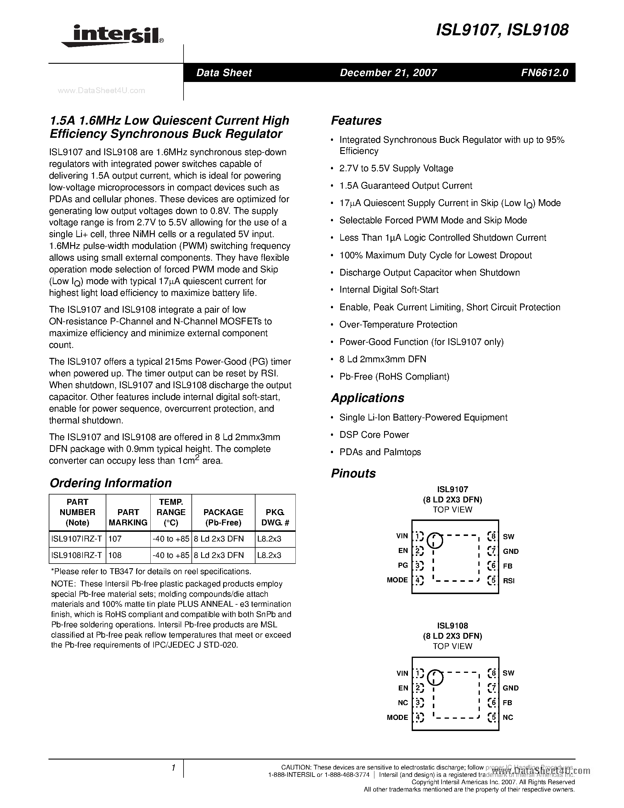 Datasheet ISL9108 page 1 Datasheet ISL9108 - 1.5A 1.6MHz Low Quiescent Current High Efficiency Synchronous Buck Regulator page 1