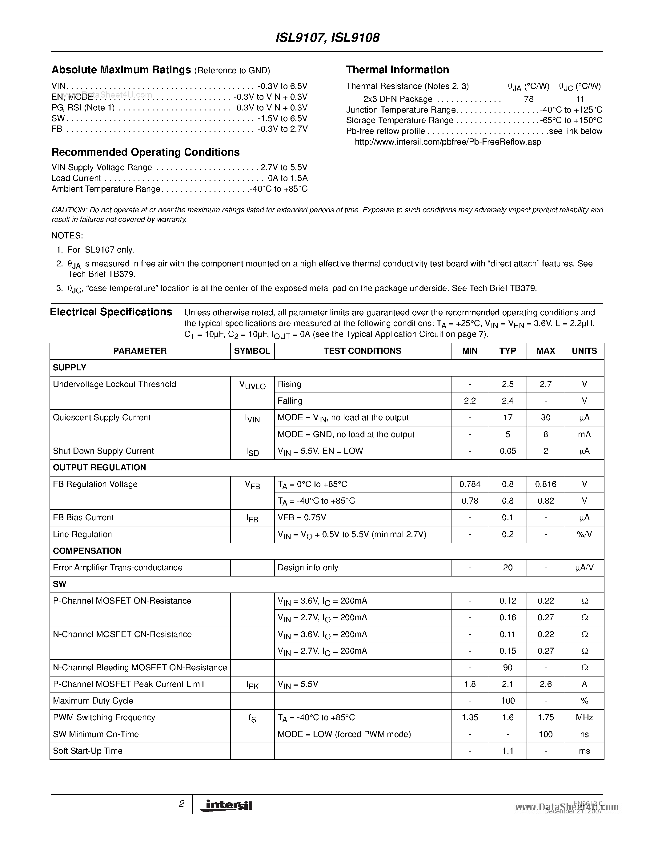 Datasheet ISL9108 page 2 Datasheet ISL9108 - 1.5A 1.6MHz Low Quiescent Current High Efficiency Synchronous Buck Regulator page 2
