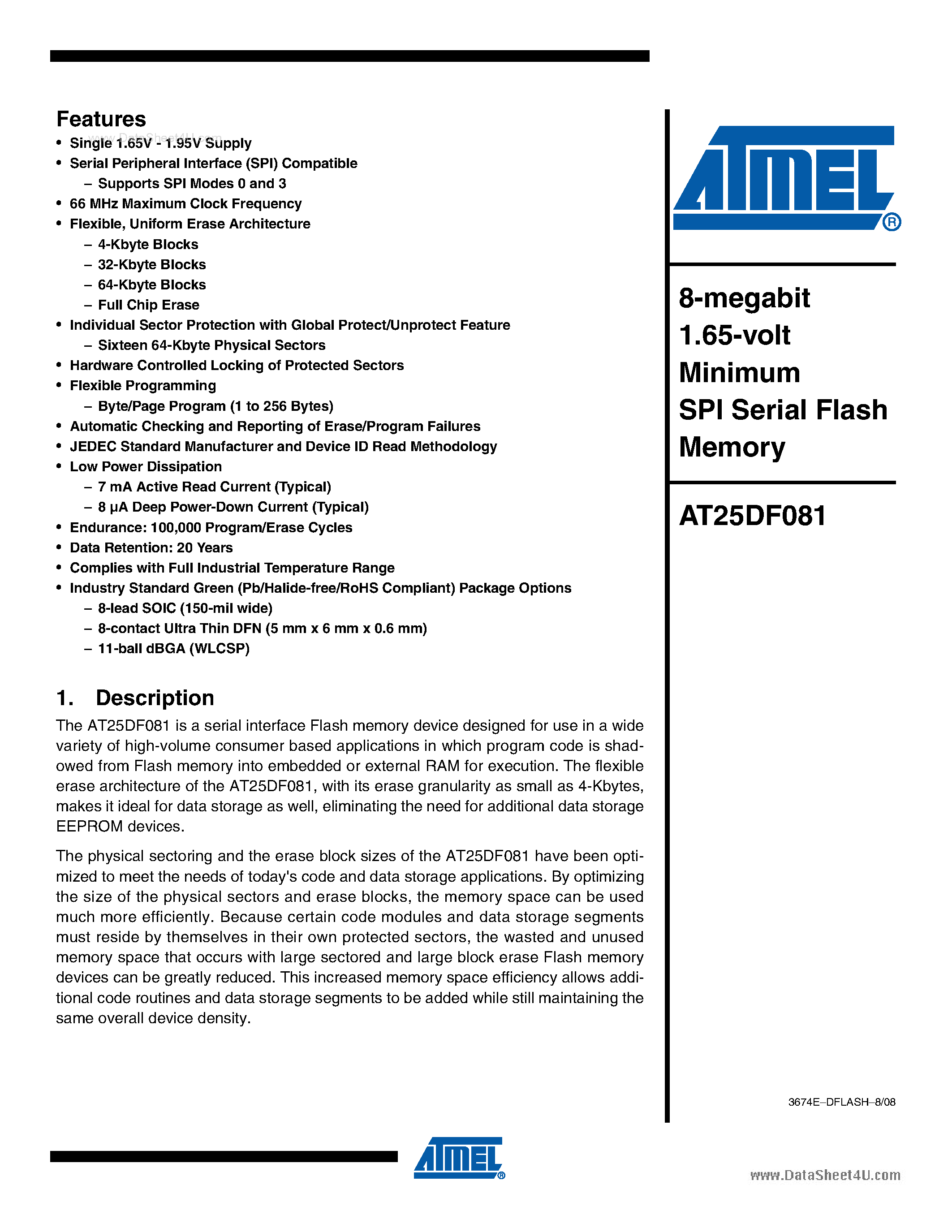 Datasheet AT25DF081 - 8-megabit 1.65-volt Minimum SPI Serial Flash Memory page 1