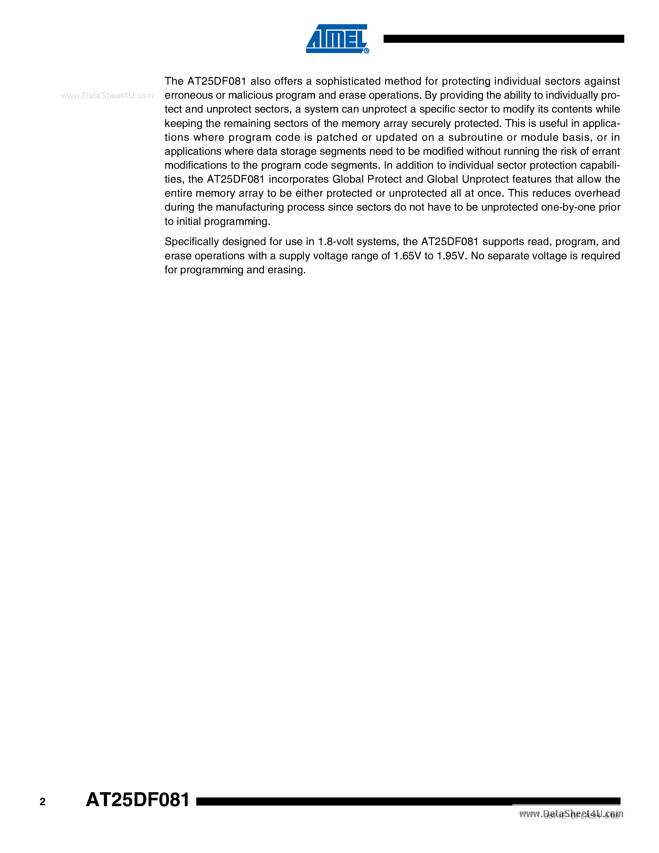 Datasheet AT25DF081 - 8-megabit 1.65-volt Minimum SPI Serial Flash Memory page 2