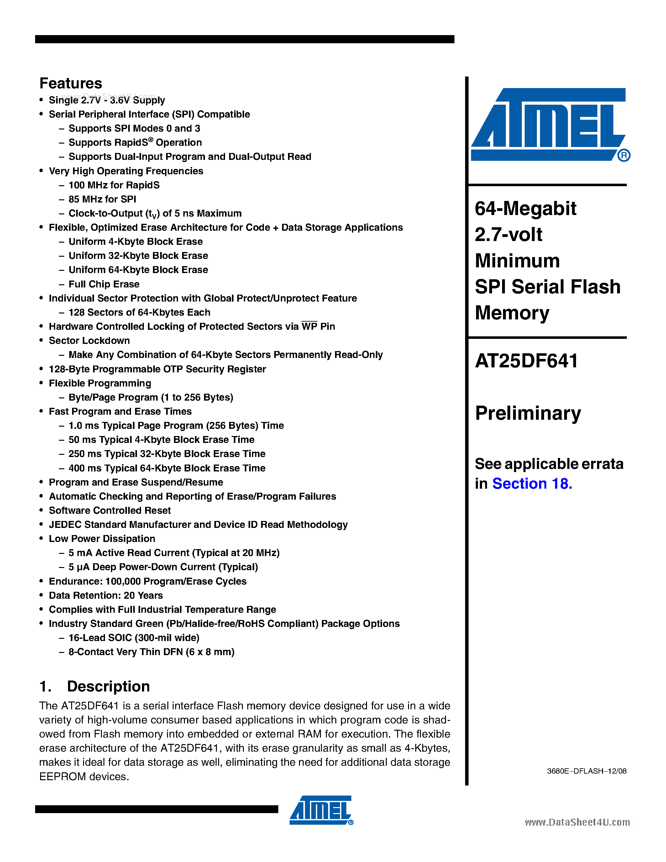 Даташит AT25DF641 - 64-Megabit 2.7-volt Minimum SPI Serial Flash Memory страница 1