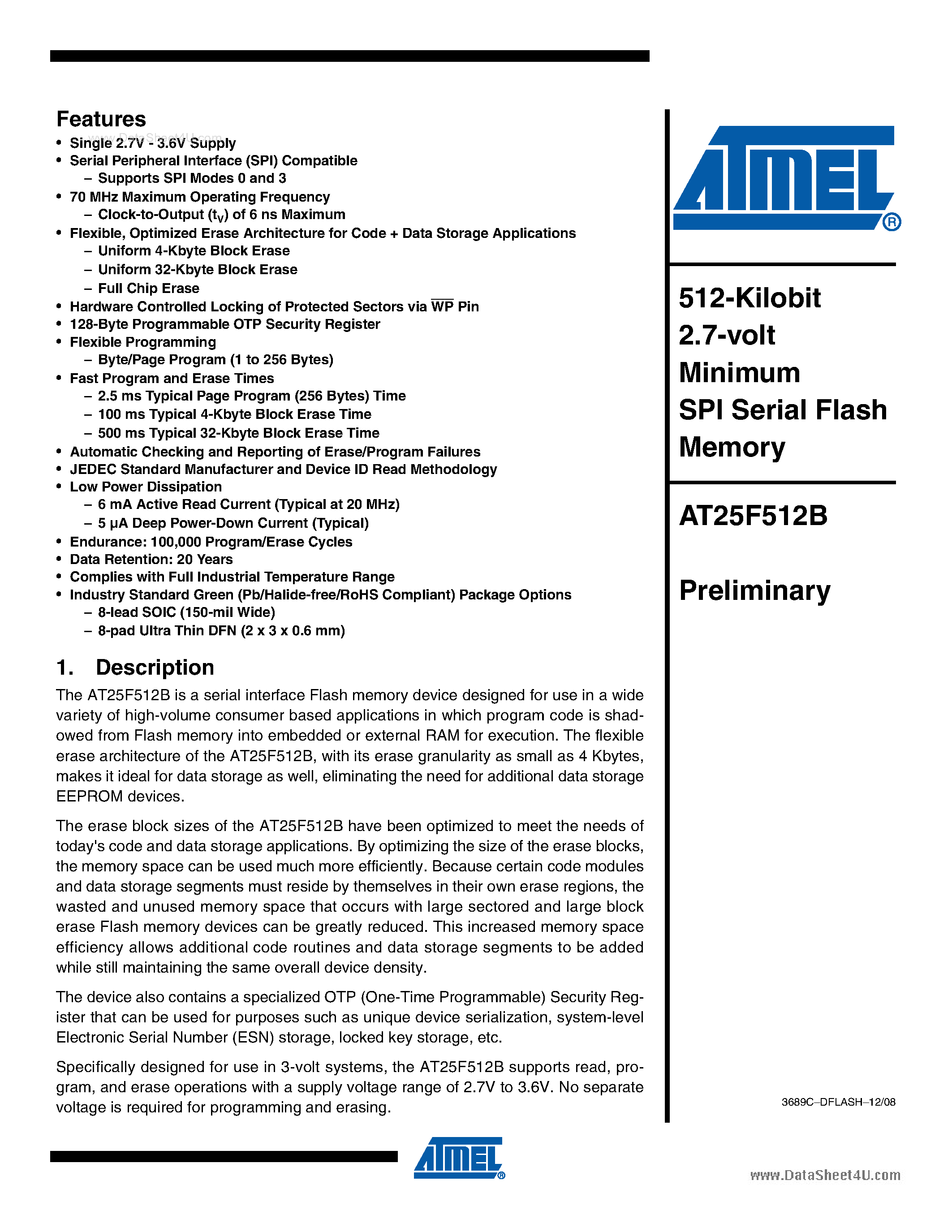 Datasheet AT25F512B - 512-Kilobit 2.7-volt Minimum SPI Serial Flash Memory page 1
