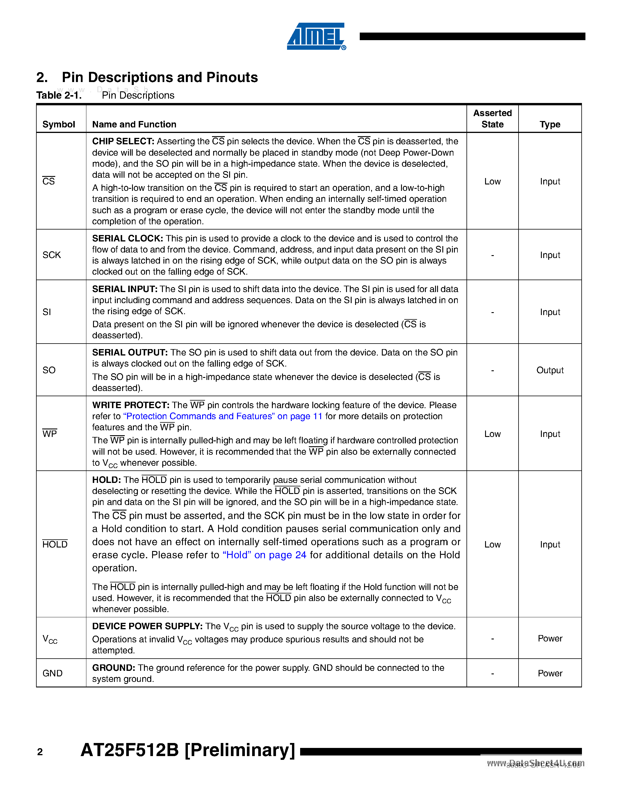 Datasheet AT25F512B - 512-Kilobit 2.7-volt Minimum SPI Serial Flash Memory page 2